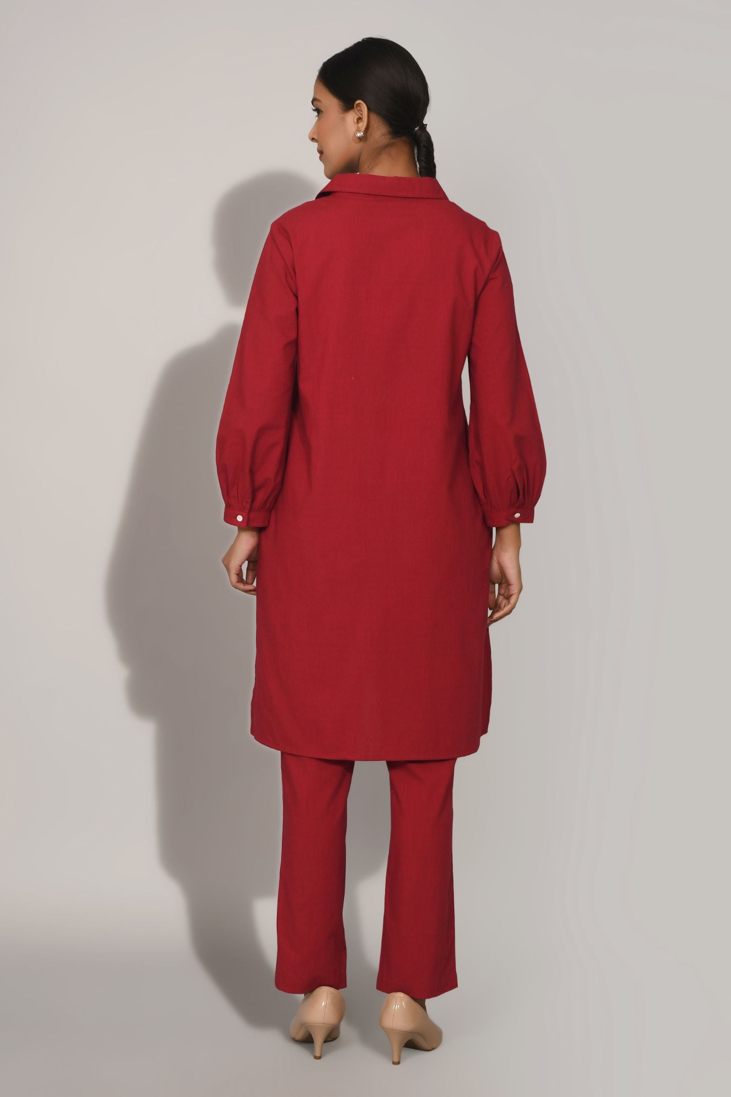Red Collared Cord Set with Handwork Detail