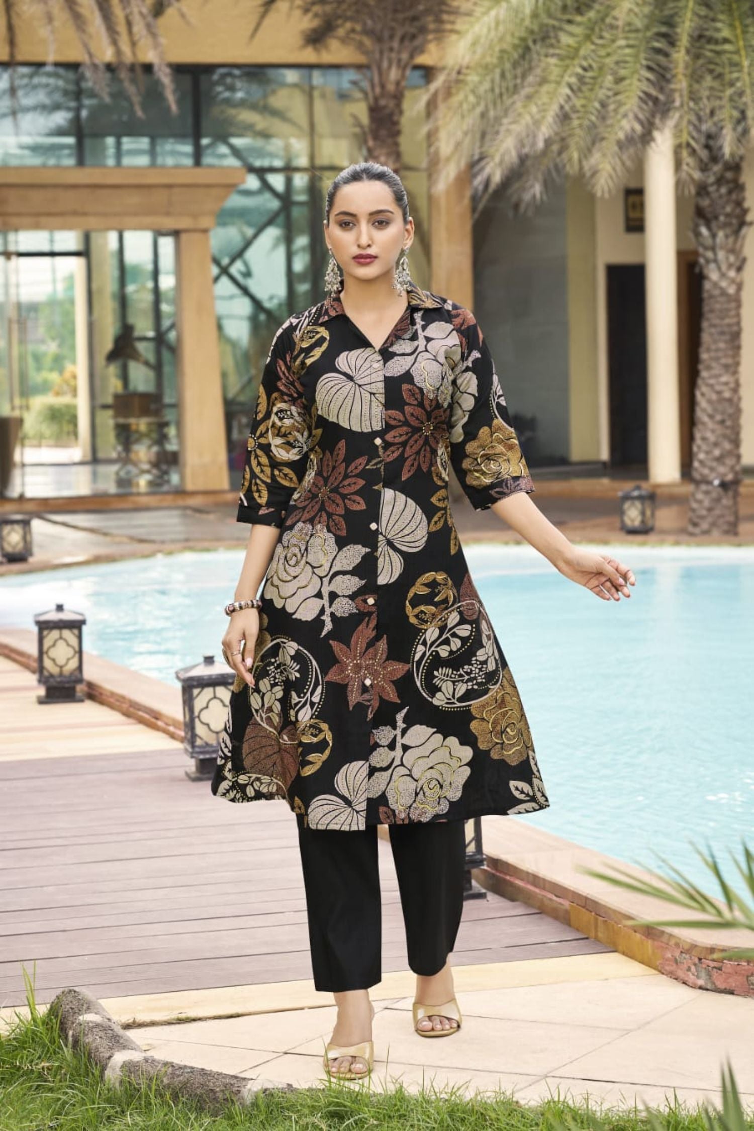 Elegant Black Cotton Cord Set with Modern Printed Design
