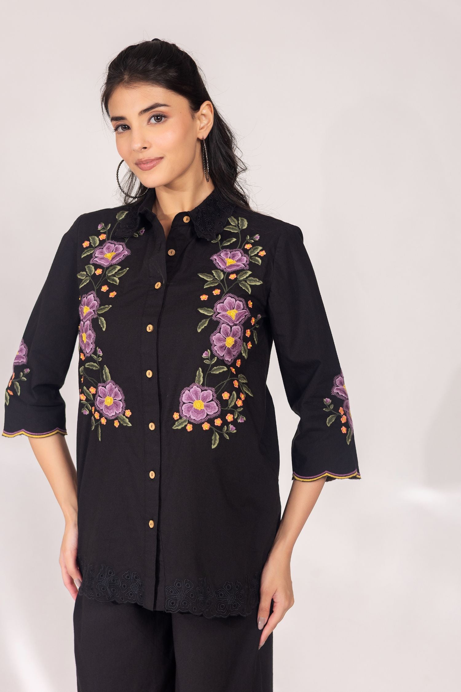 Black Cotton Co-ord Set with Multi Floral Work