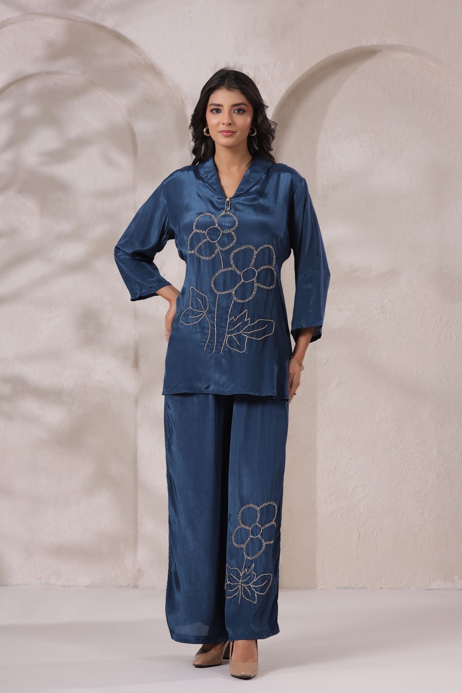 Blue Satin Golden Floral Embroidered Cord Set