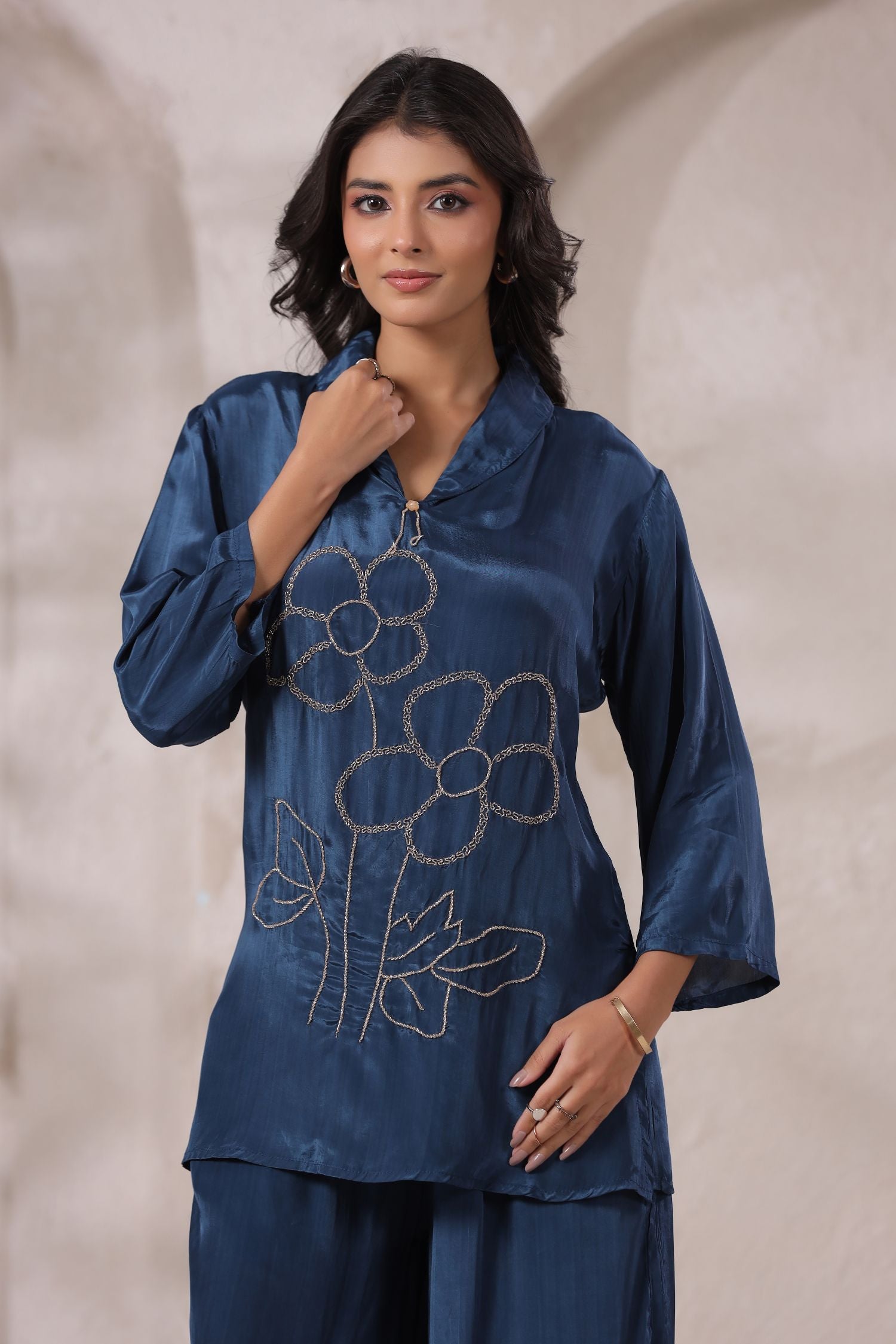 Blue Satin Golden Floral Embroidered Cord Set