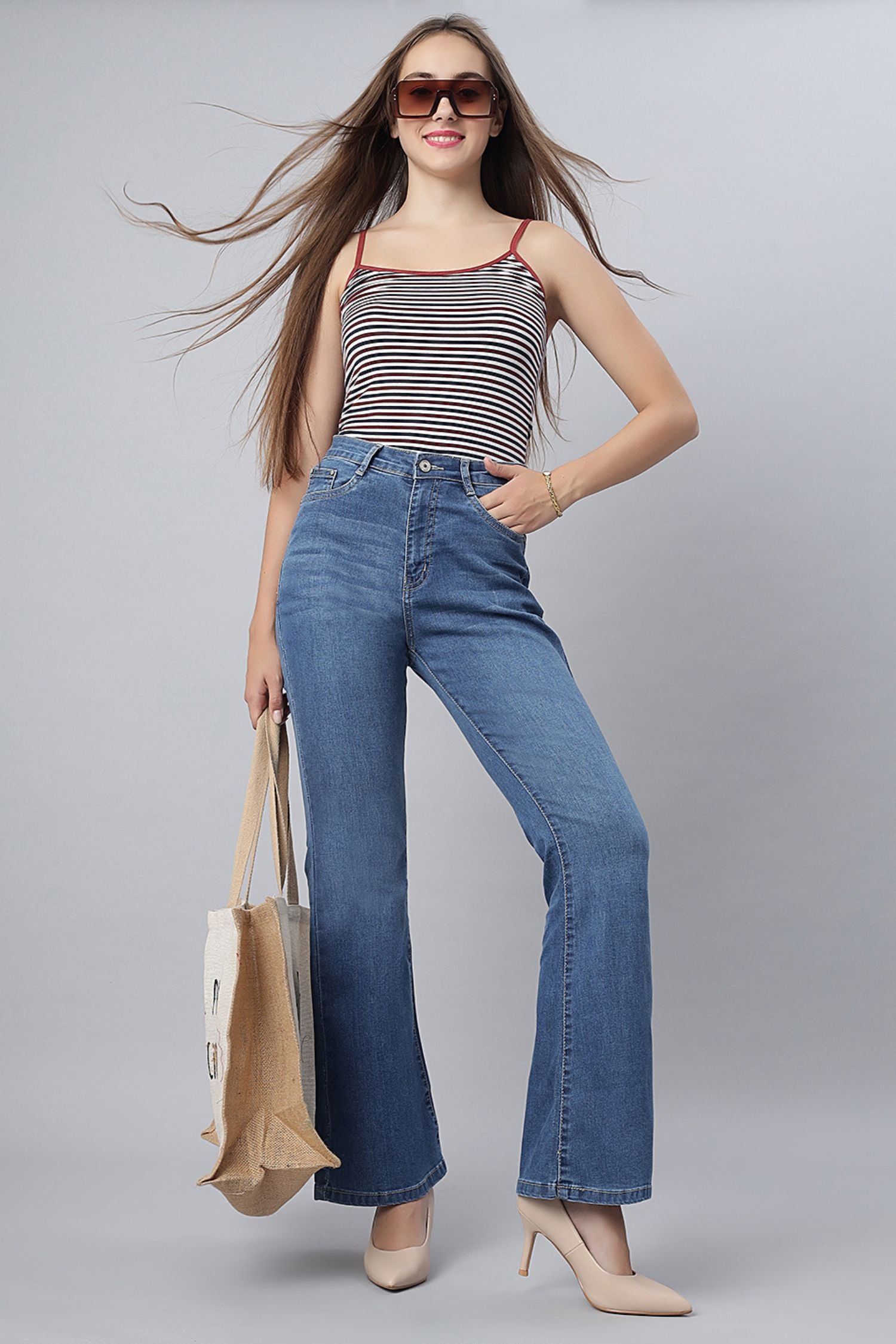 High-Waist Stone Bootcut Jeans