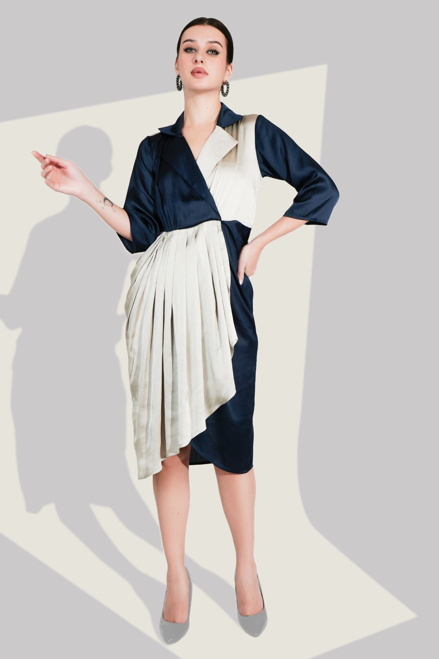 Navy Blue Satin Wrap Midi Dress