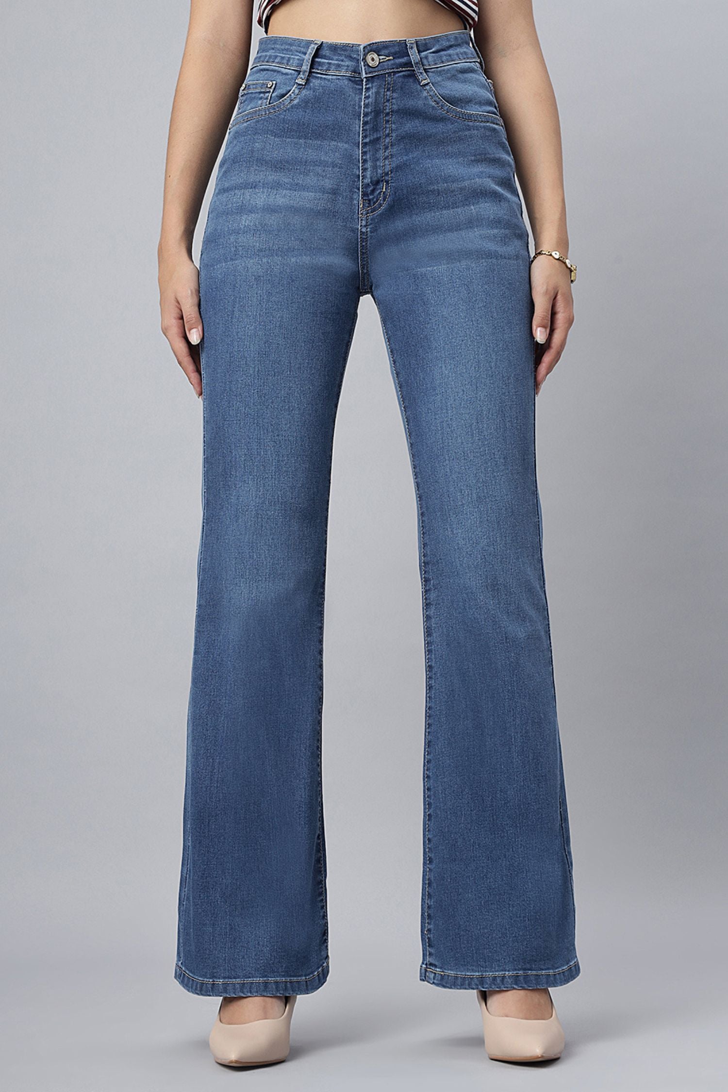 High-Waist Stone Bootcut Jeans