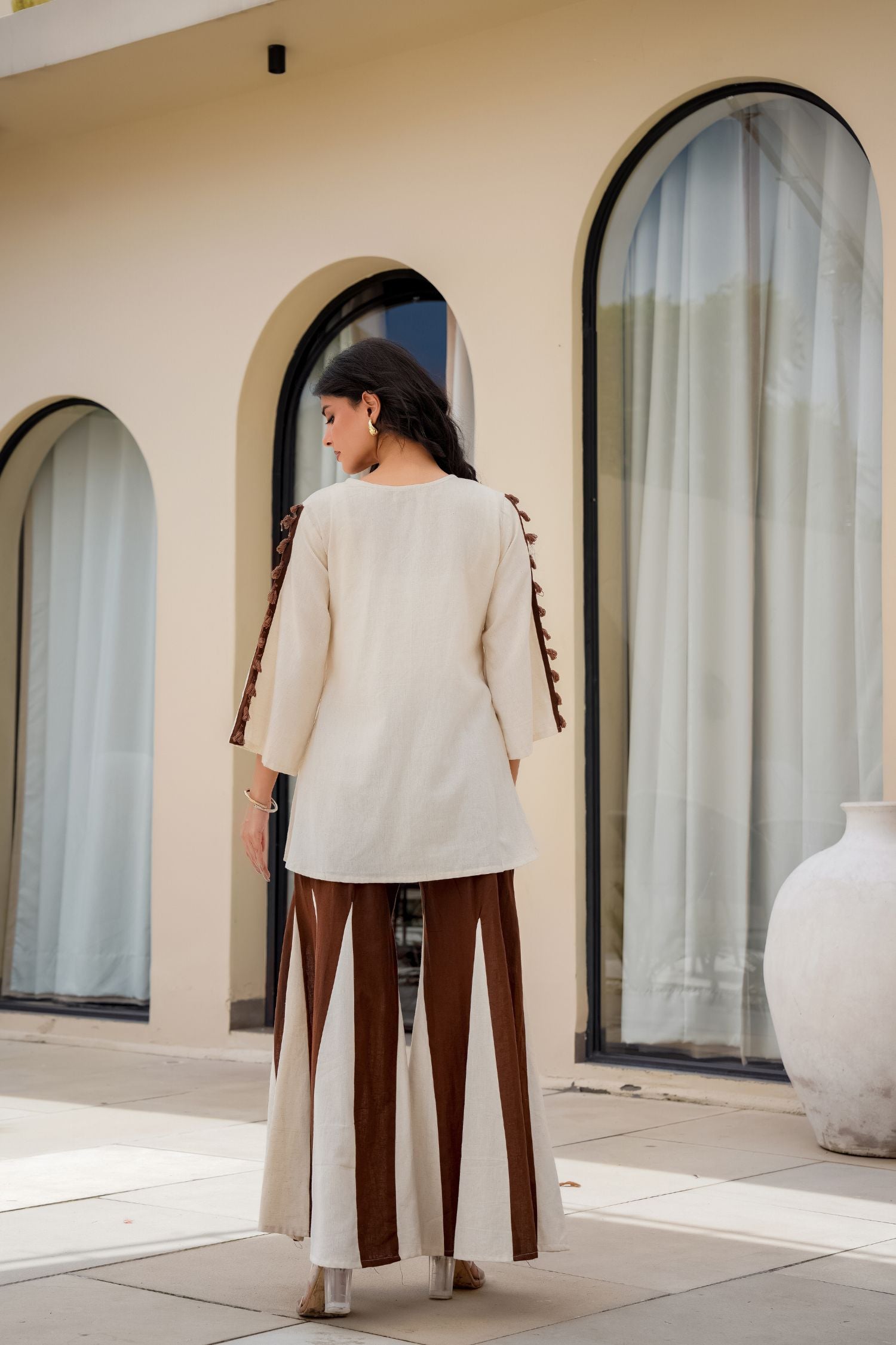 Brown Cord Set with Embroidered Top and Palazzo Pants