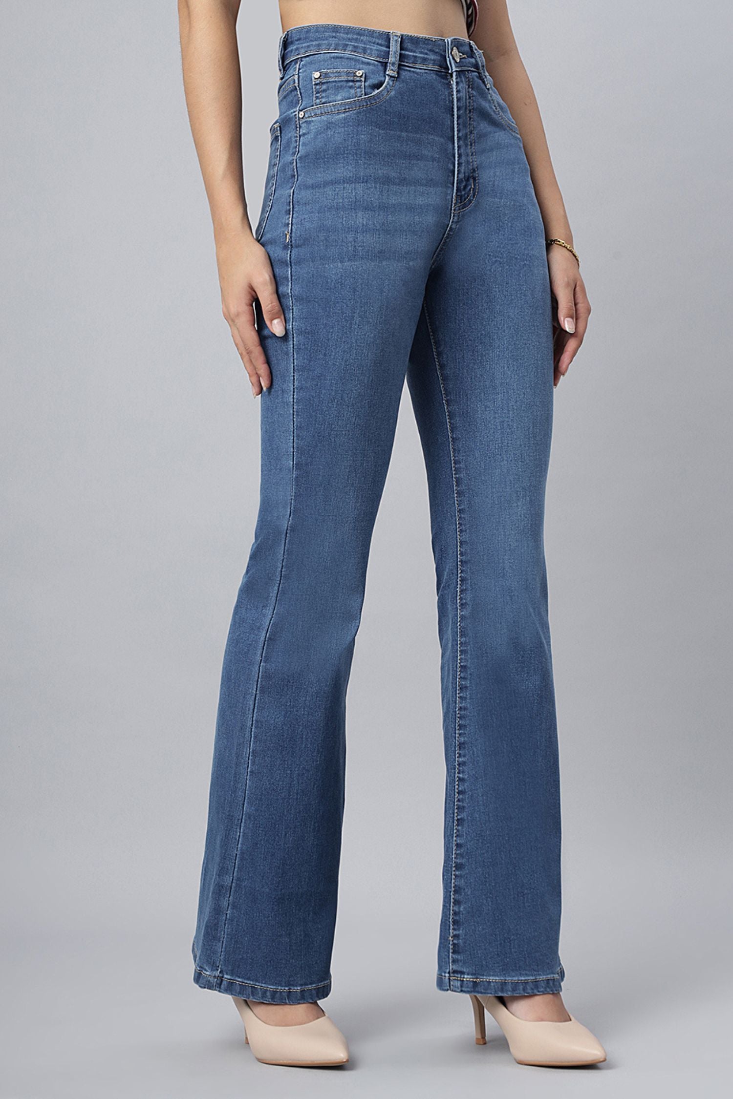 High-Waist Stone Bootcut Jeans