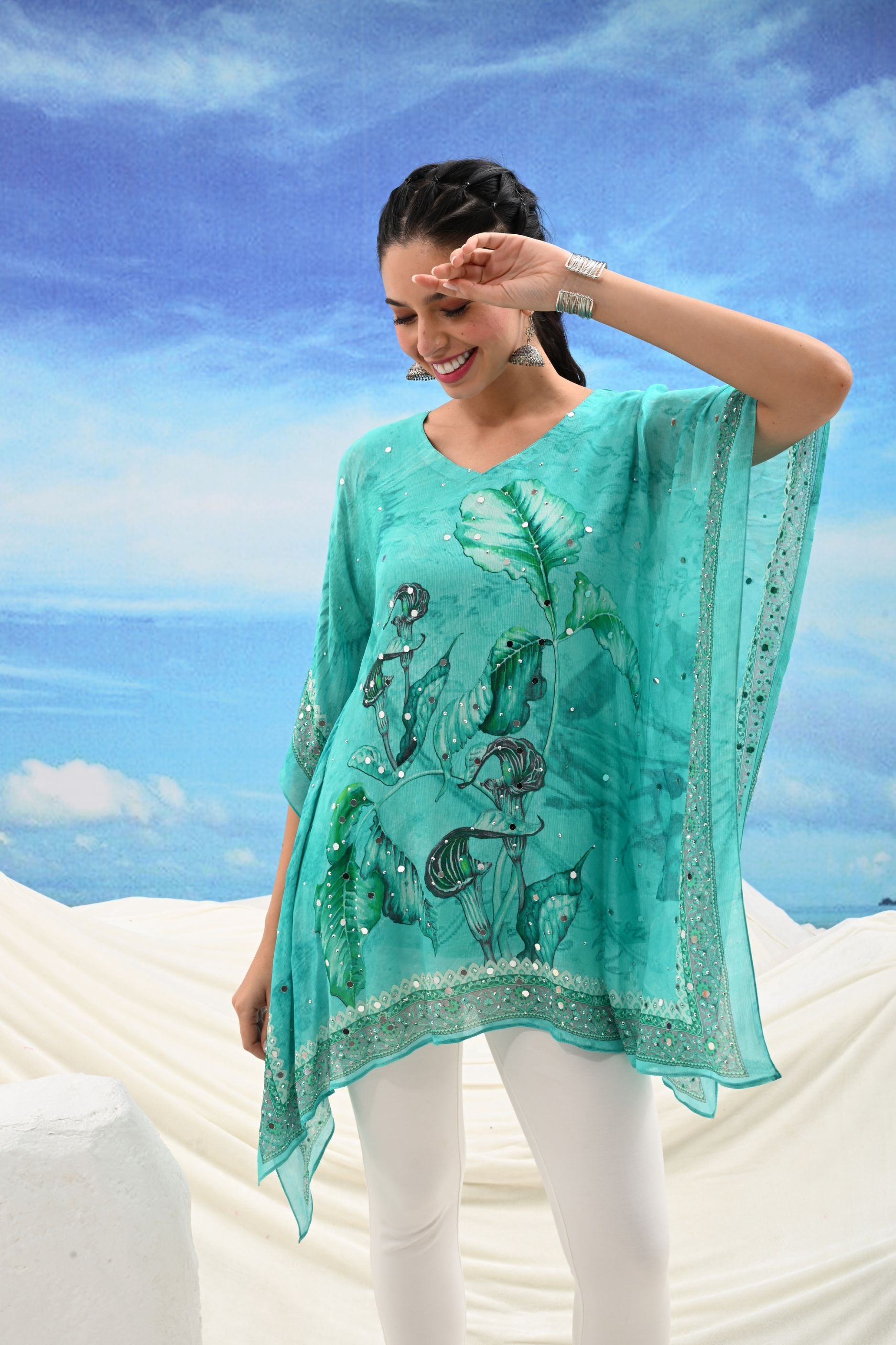 Turquoise Viscose Embroidered Kaftan Dress
