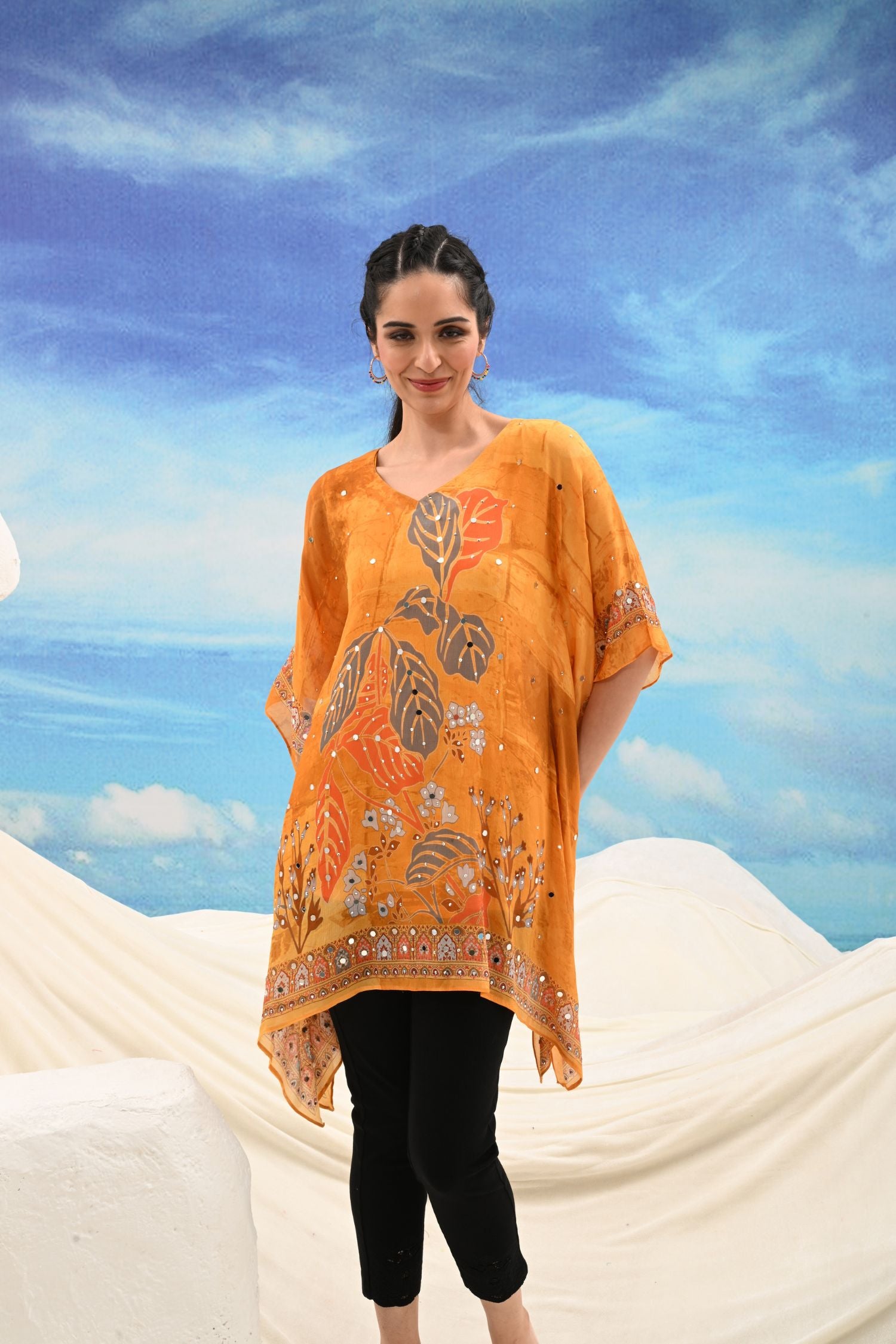 Mustard Mirror Work Embroidered Short Kaftan