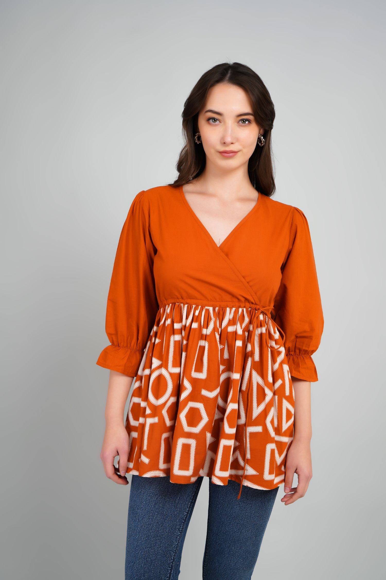 Freyaa Orange Frill Printed Top