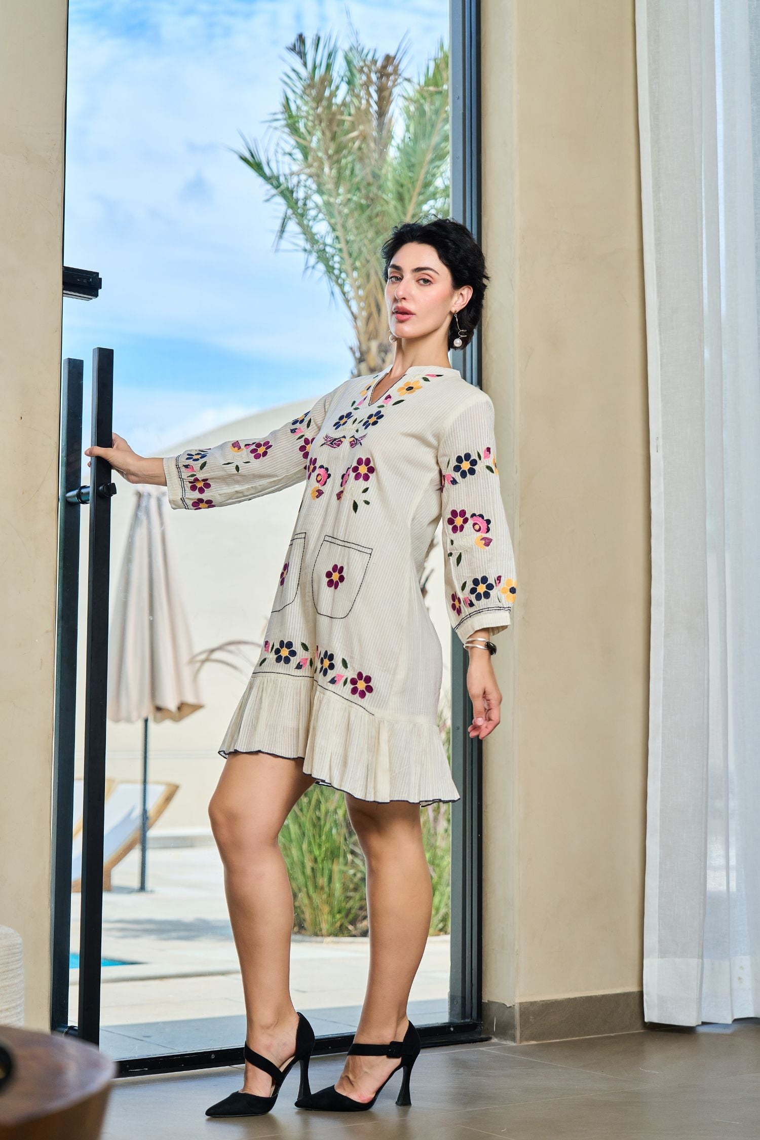 Off-White Tunic with Graceful Floral Print Detailing