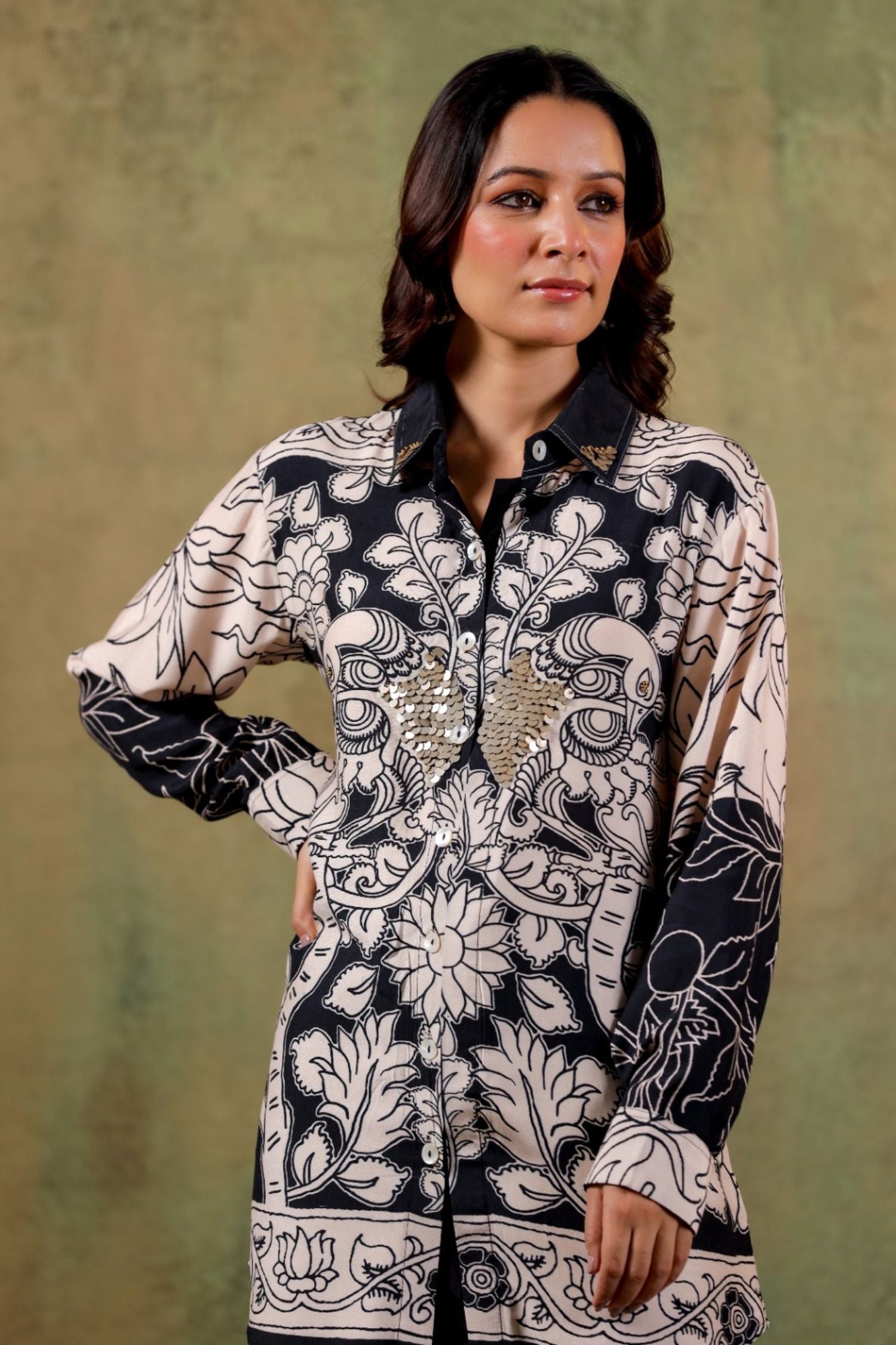 Premium Cream Sequin Embellished Printed Shirt