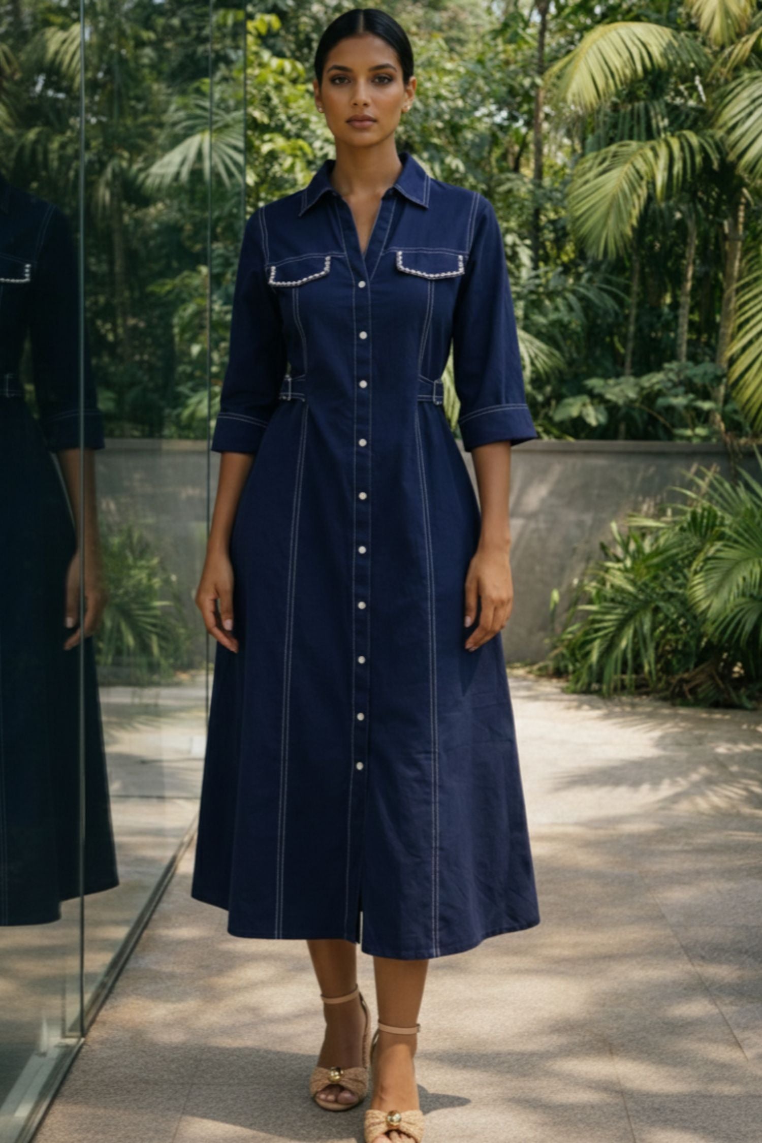 Blue Denim Long Dress with Pocket Moti Work