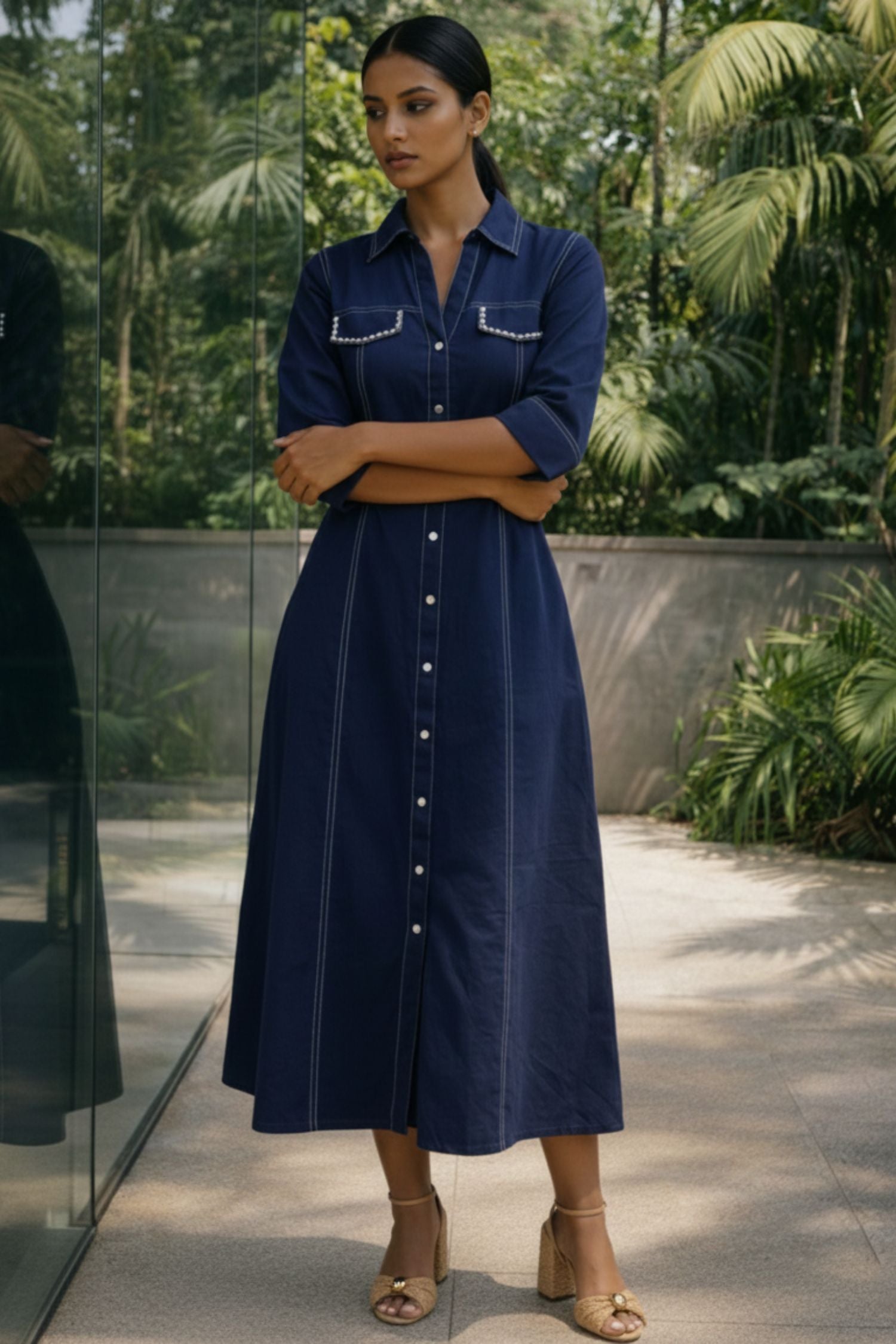 Blue Denim Long Dress with Pocket Moti Work