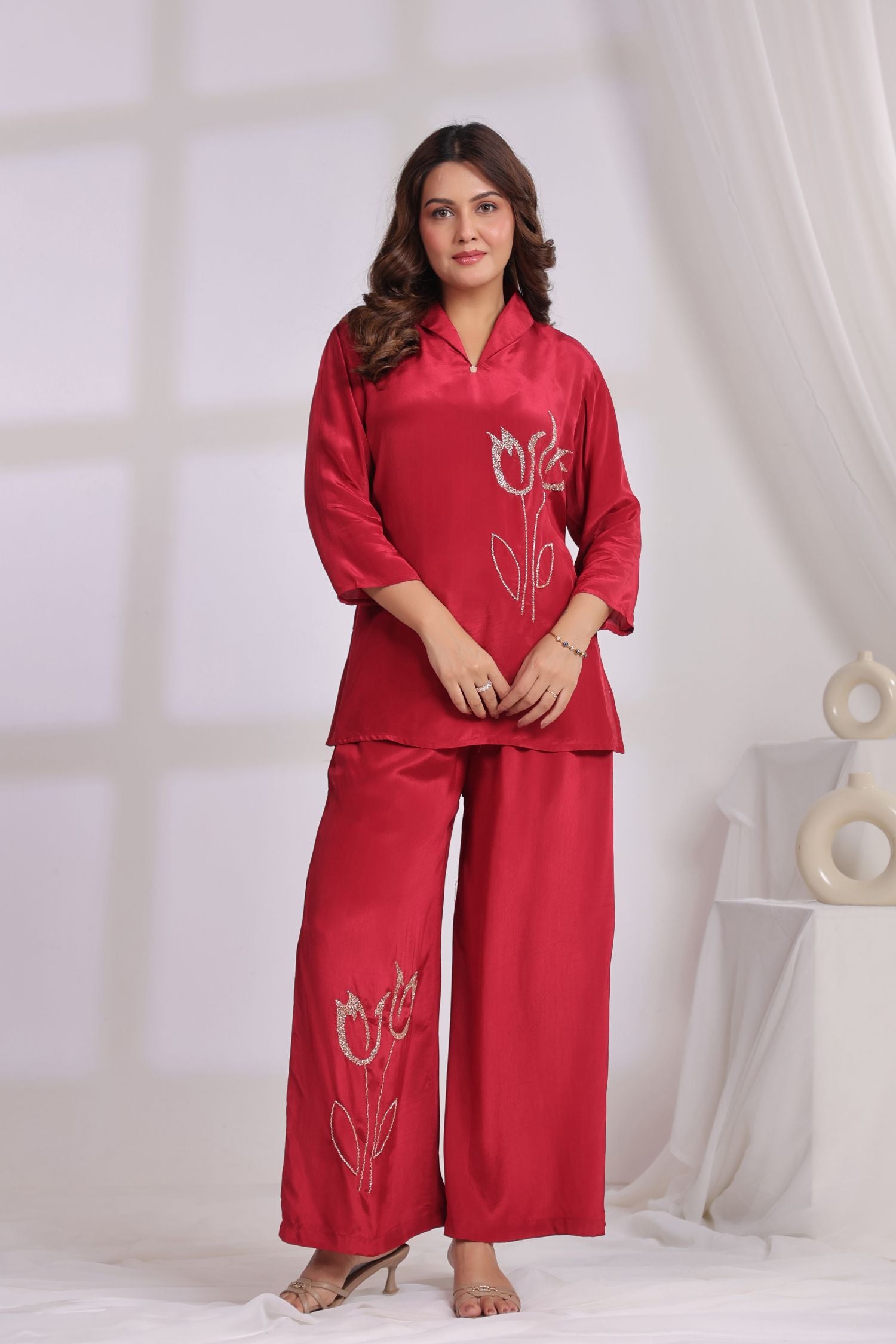 Maroon Grace Embroidered Cord Set