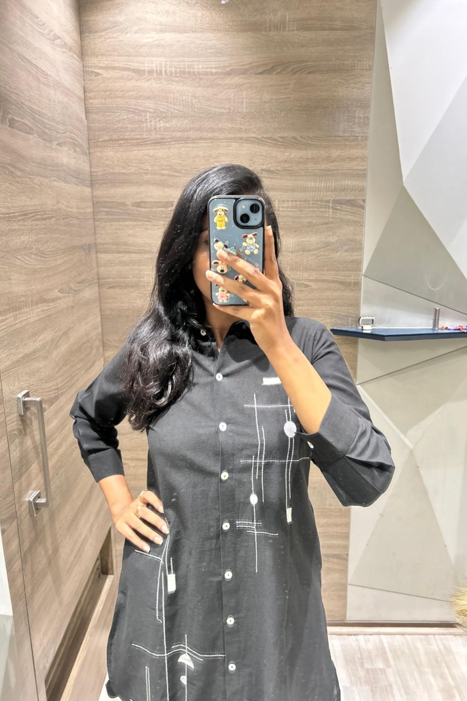 Black Cord Set with Printed Shirt-Style Top and Matching Pants