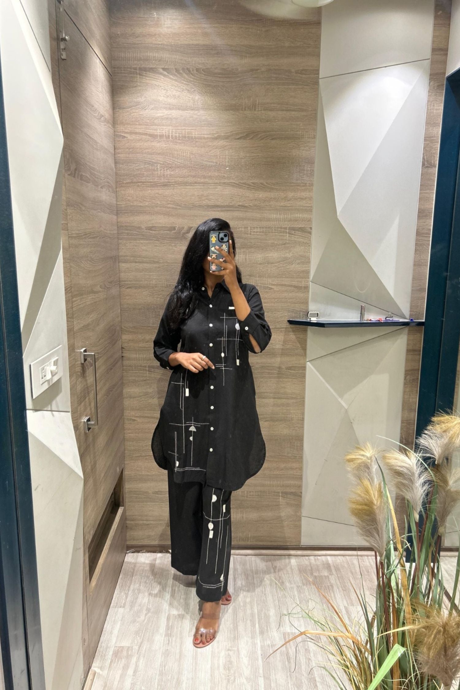 Black Cord Set with Printed Shirt-Style Top and Matching Pants