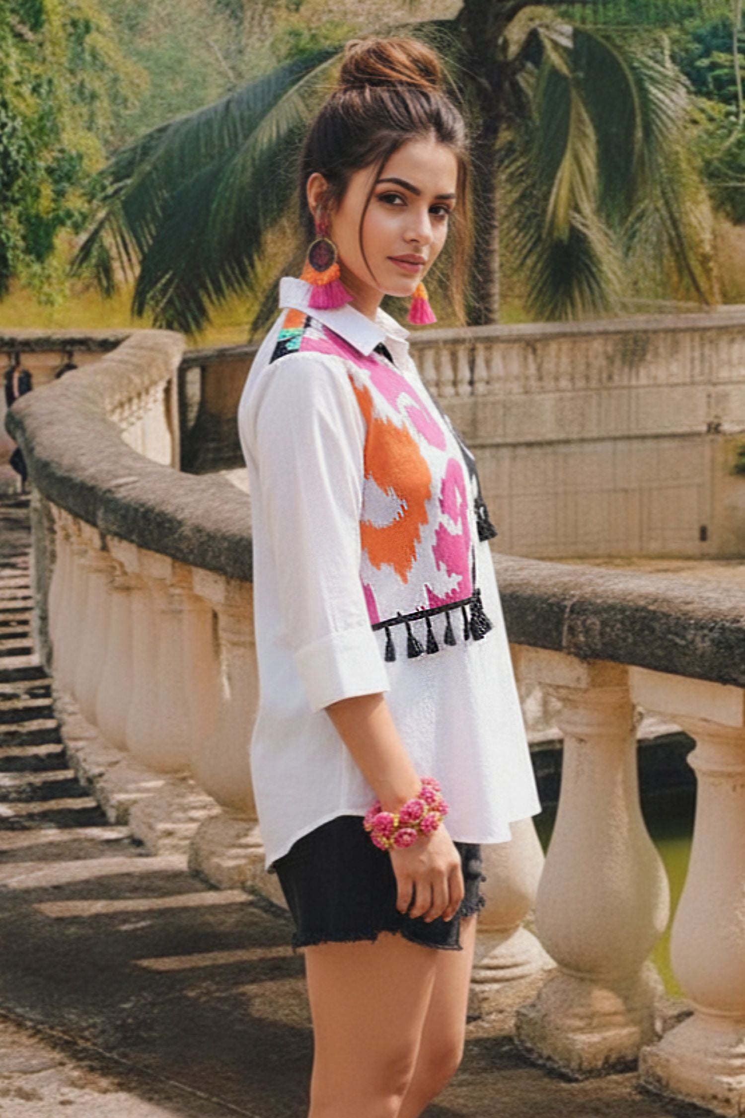 White Cotton Shirt with Abstract Patchwork & Tassel Detailing