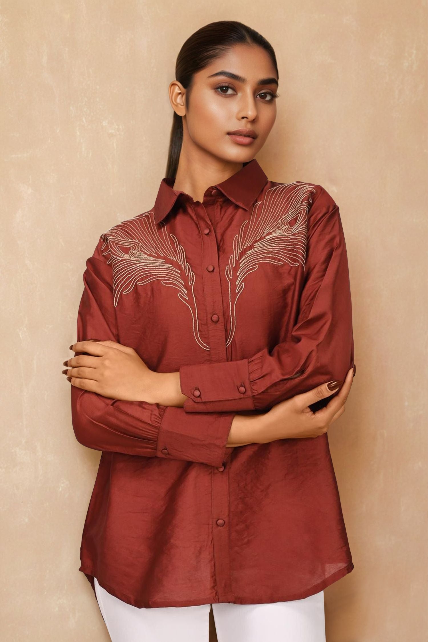 Maroon Shine Satin Sequin Shirt