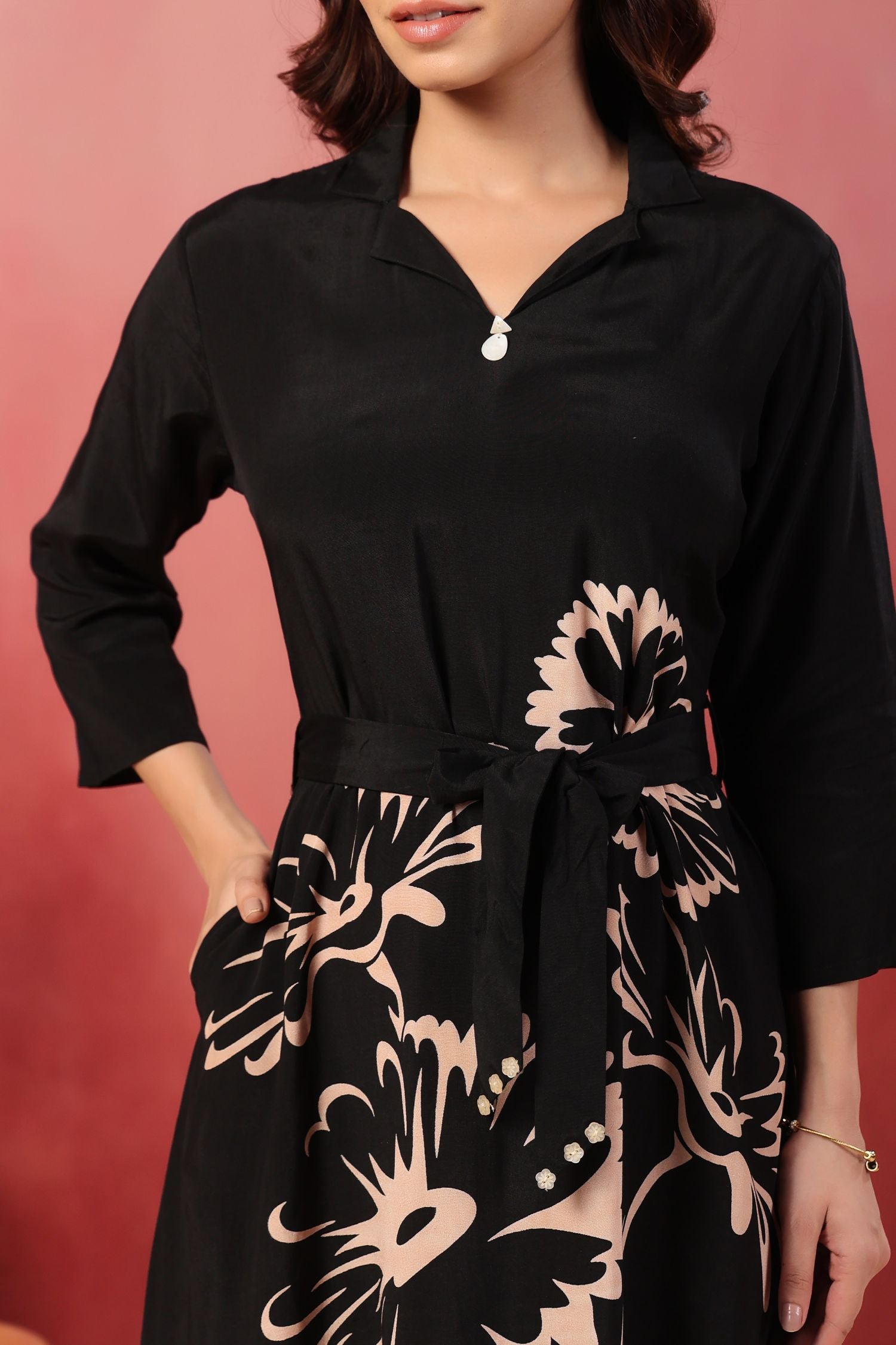 Black Floral Charm Belted Dress