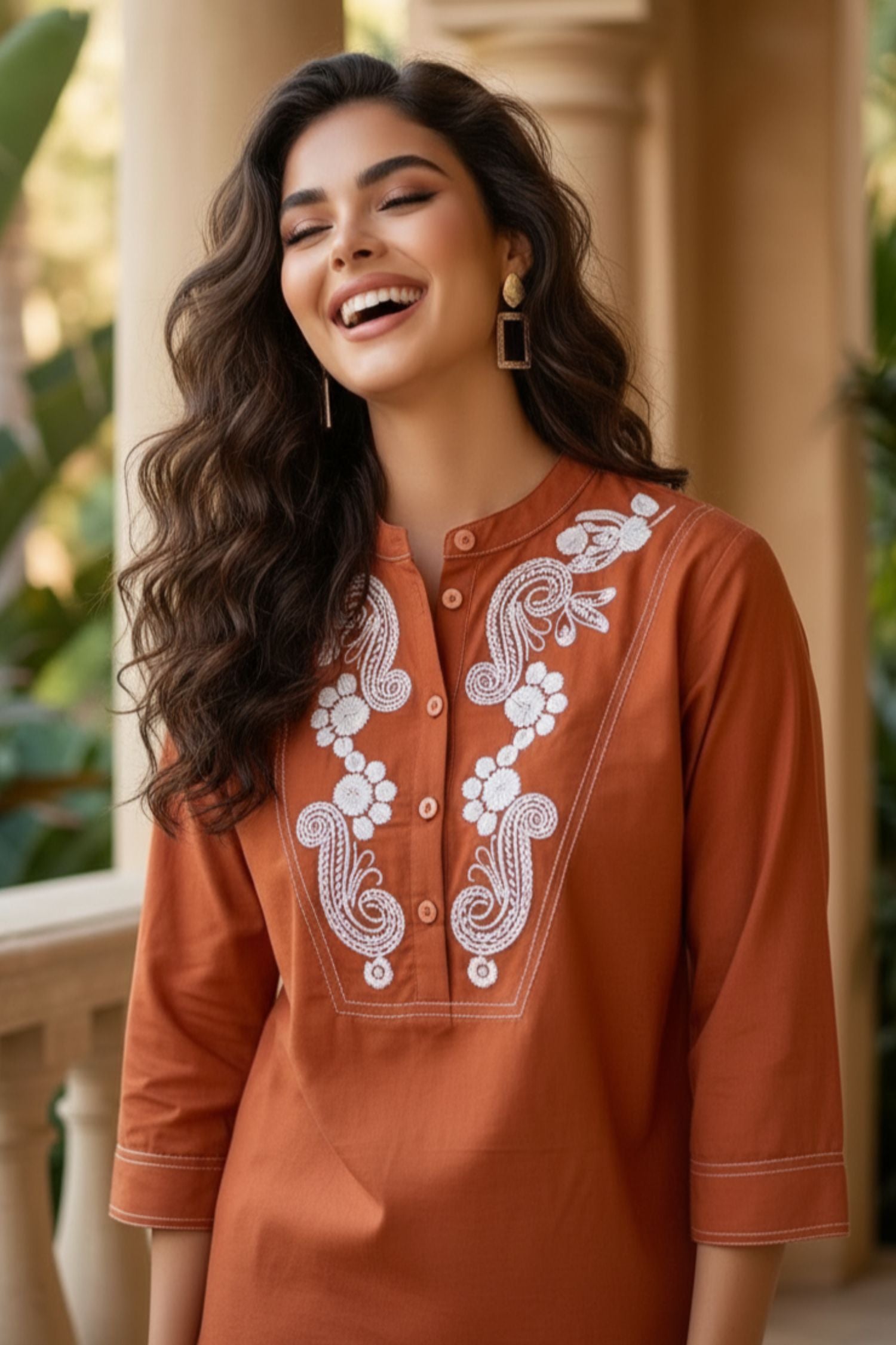 Rust Cotton Top with White Embroidery