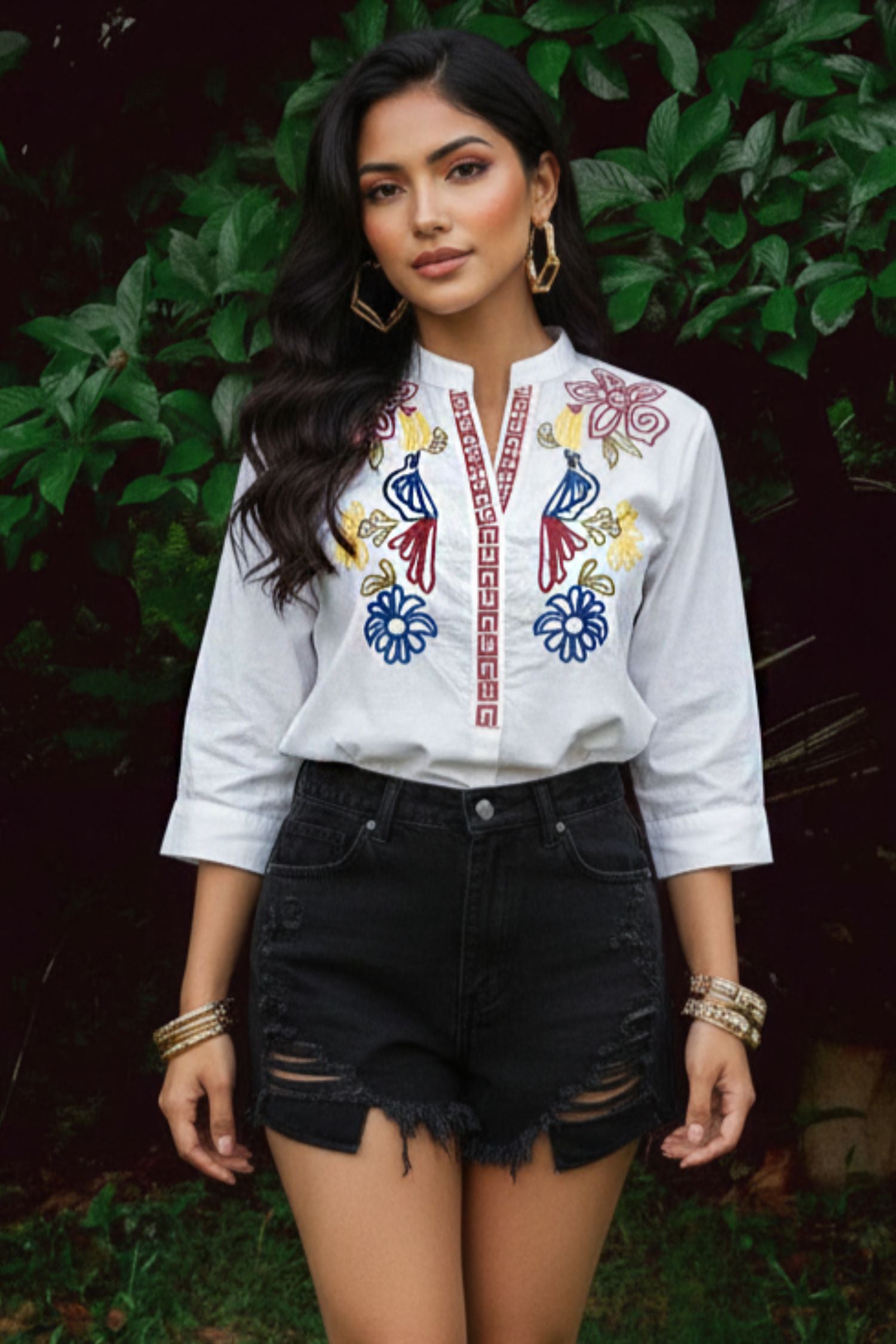 White Cotton Top with Thread Embroidery