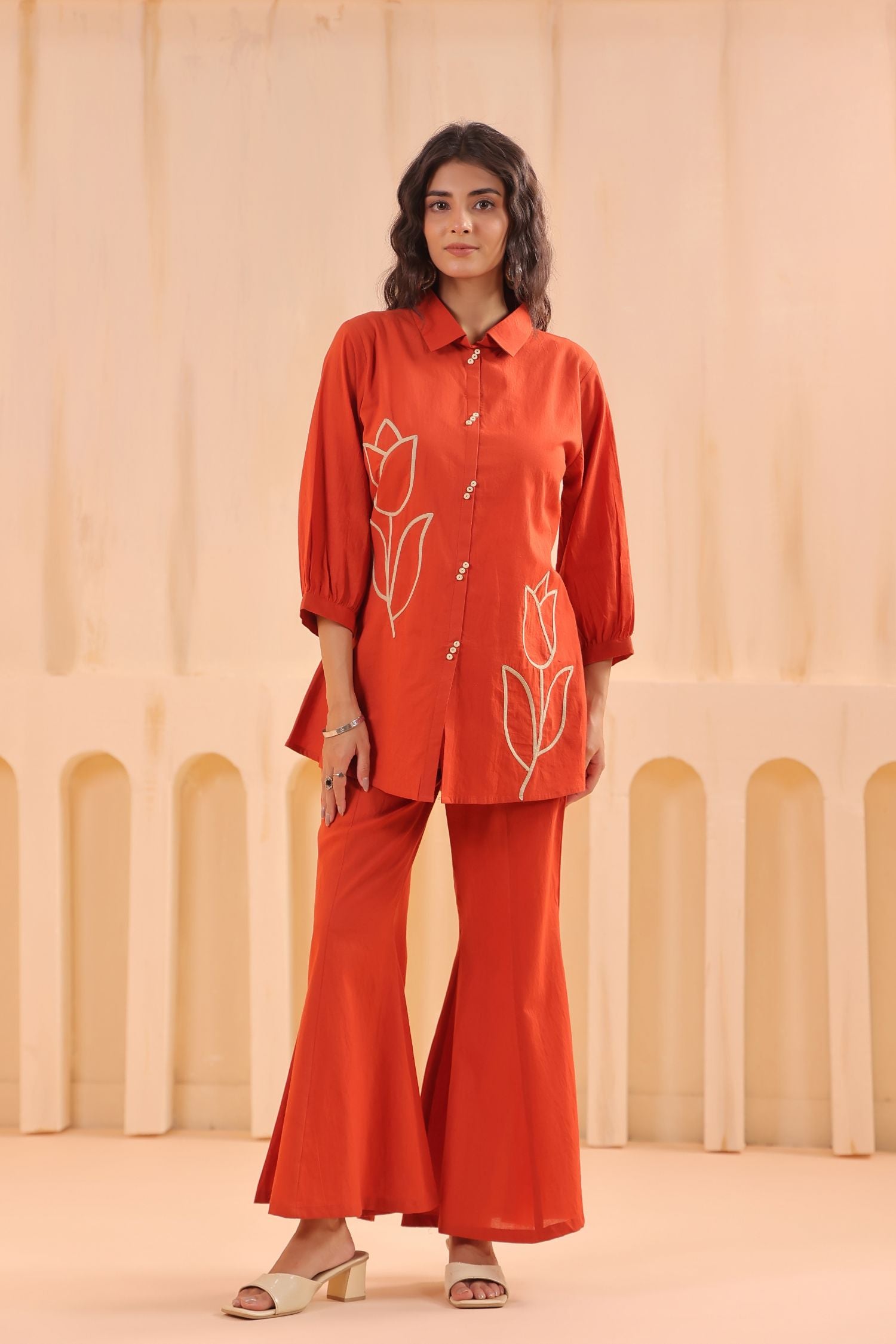 Rust Embroidered Top with Bell Bottom Cord Set