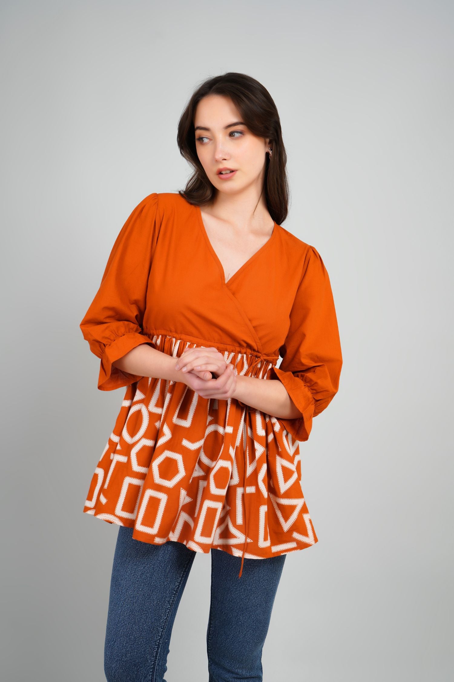 Freyaa Orange Frill Printed Top