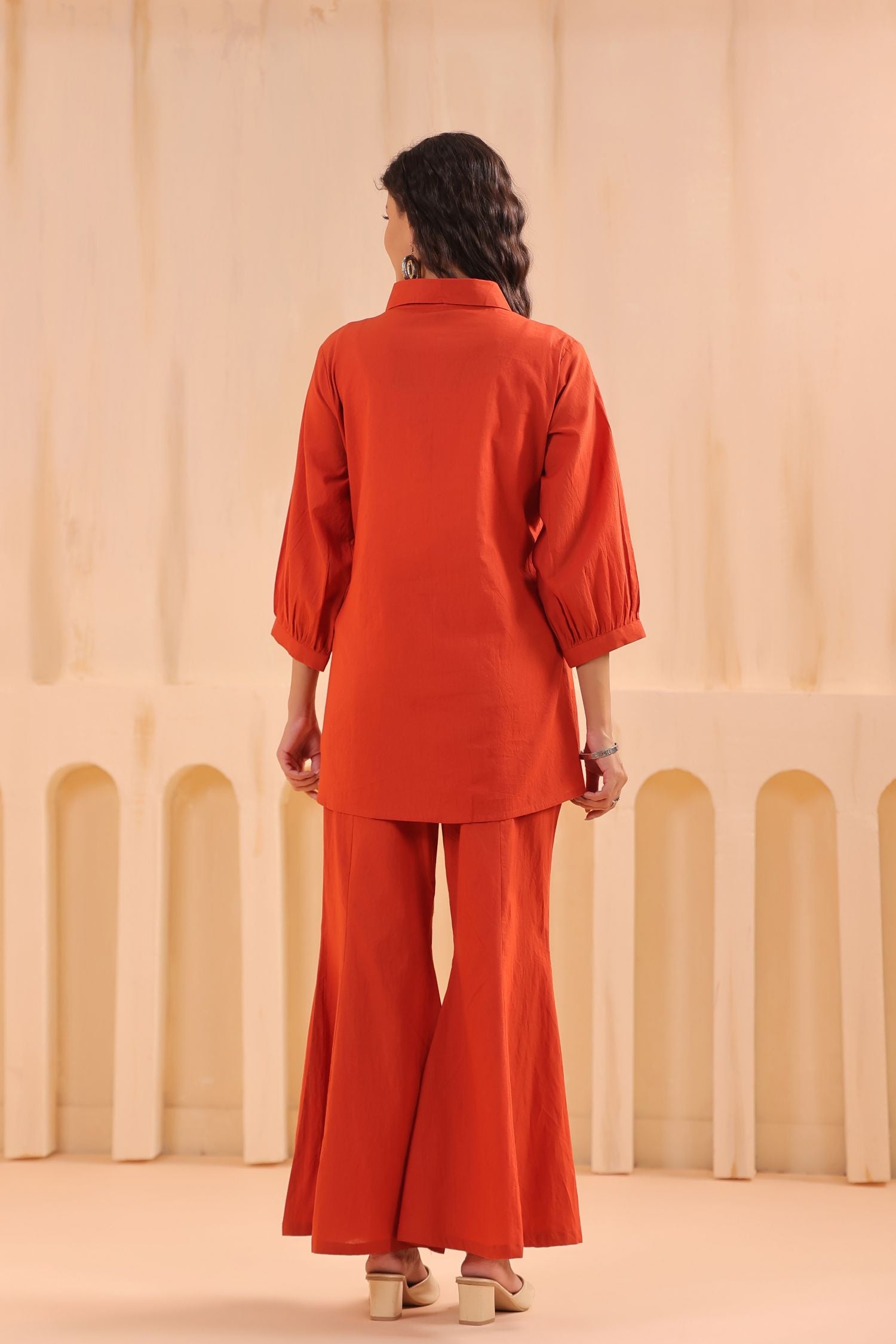 Rust Embroidered Top with Bell Bottom Cord Set