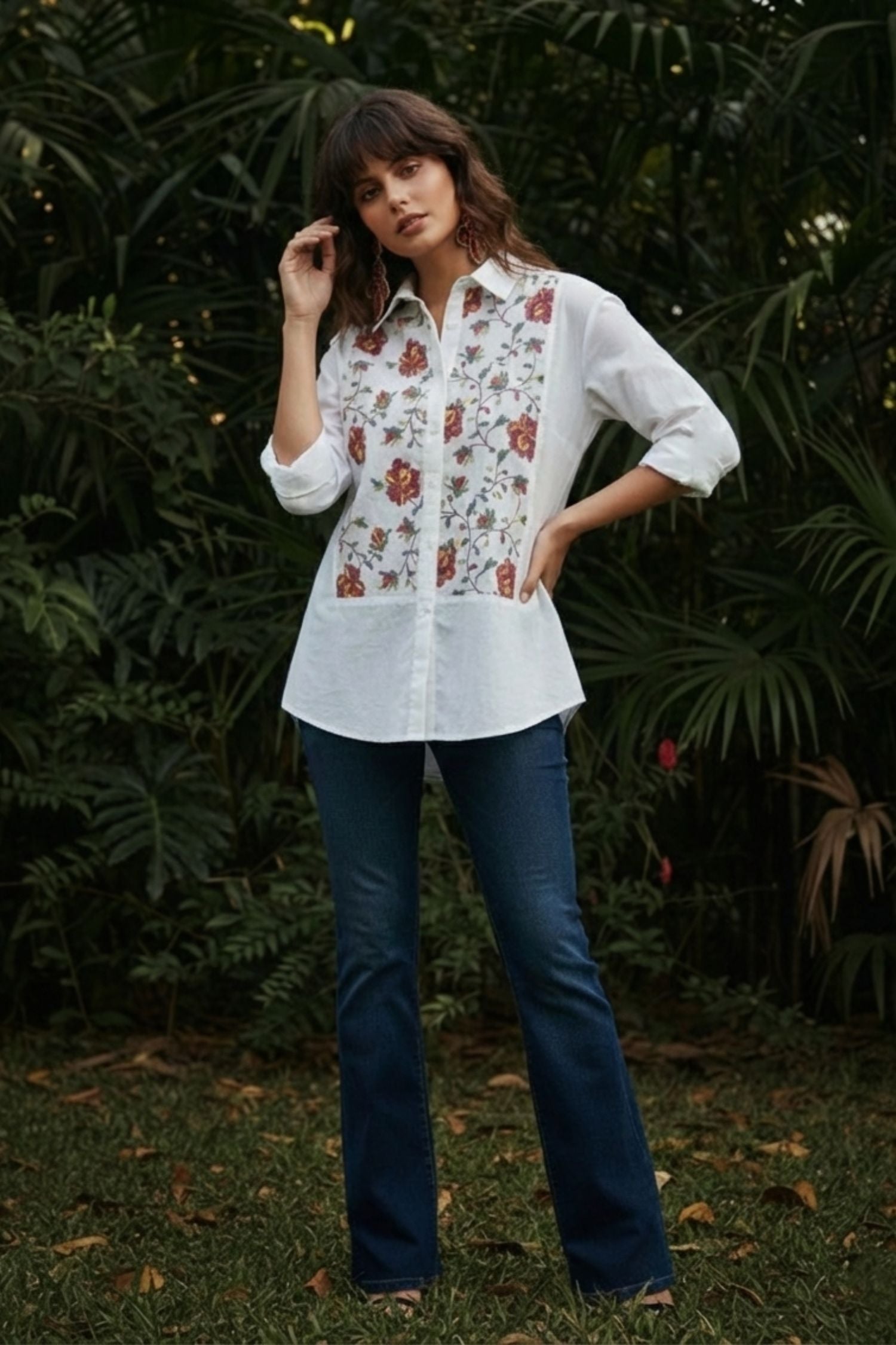 White Cotton Shirt with Embroidered Work