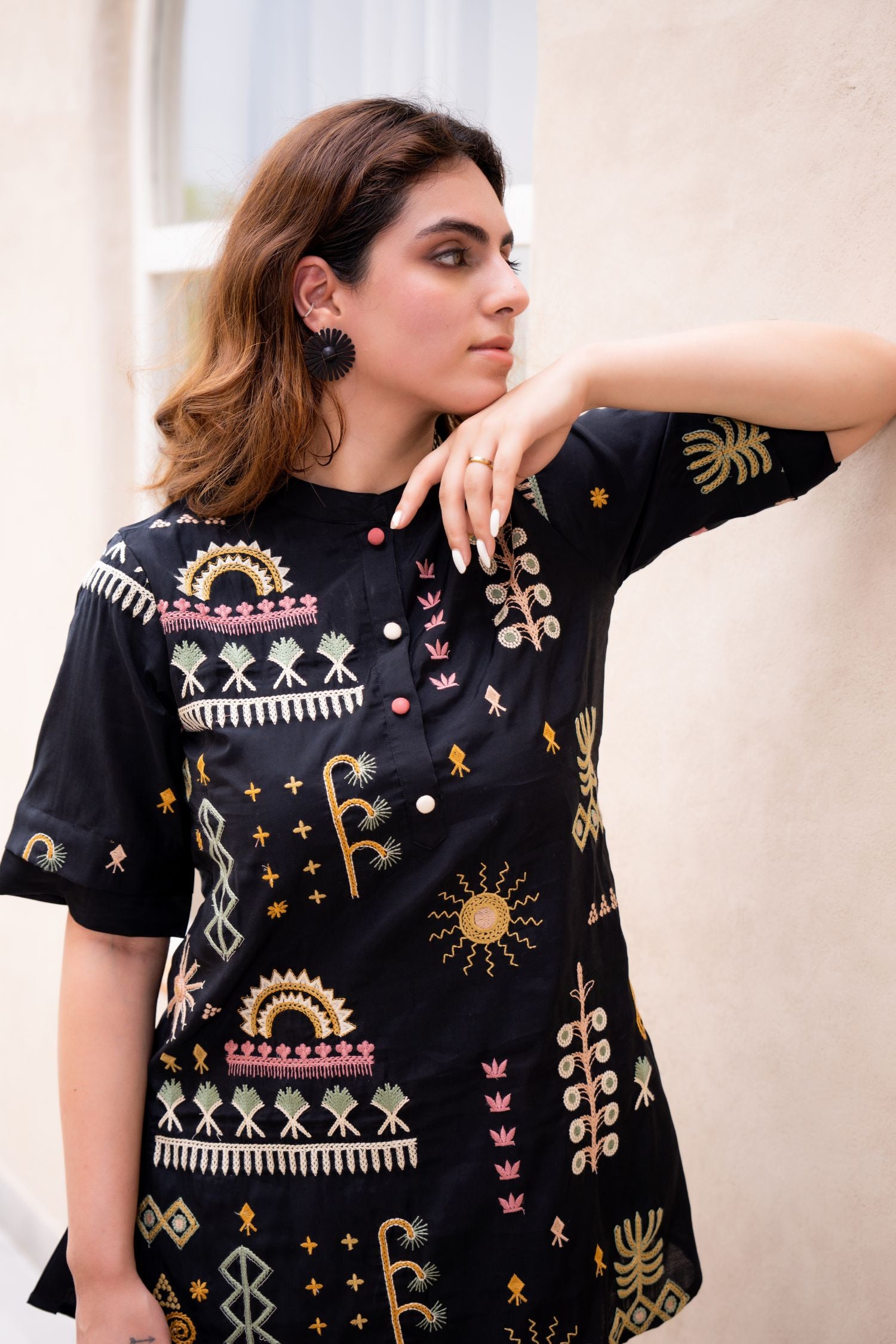 Black Cord Set with Elegant Thread Work and High-Low Top
