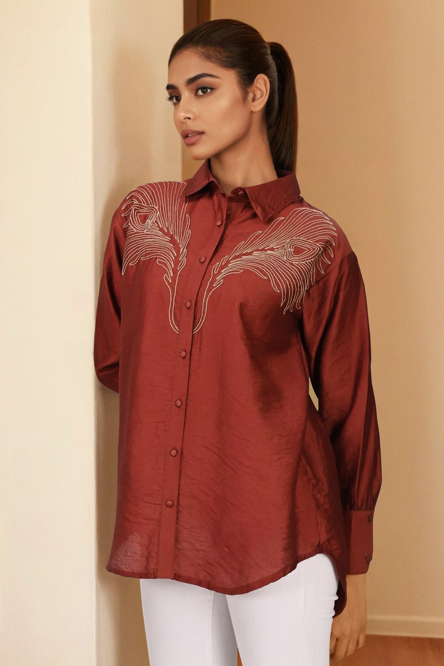 Maroon Shine Satin Sequin Shirt