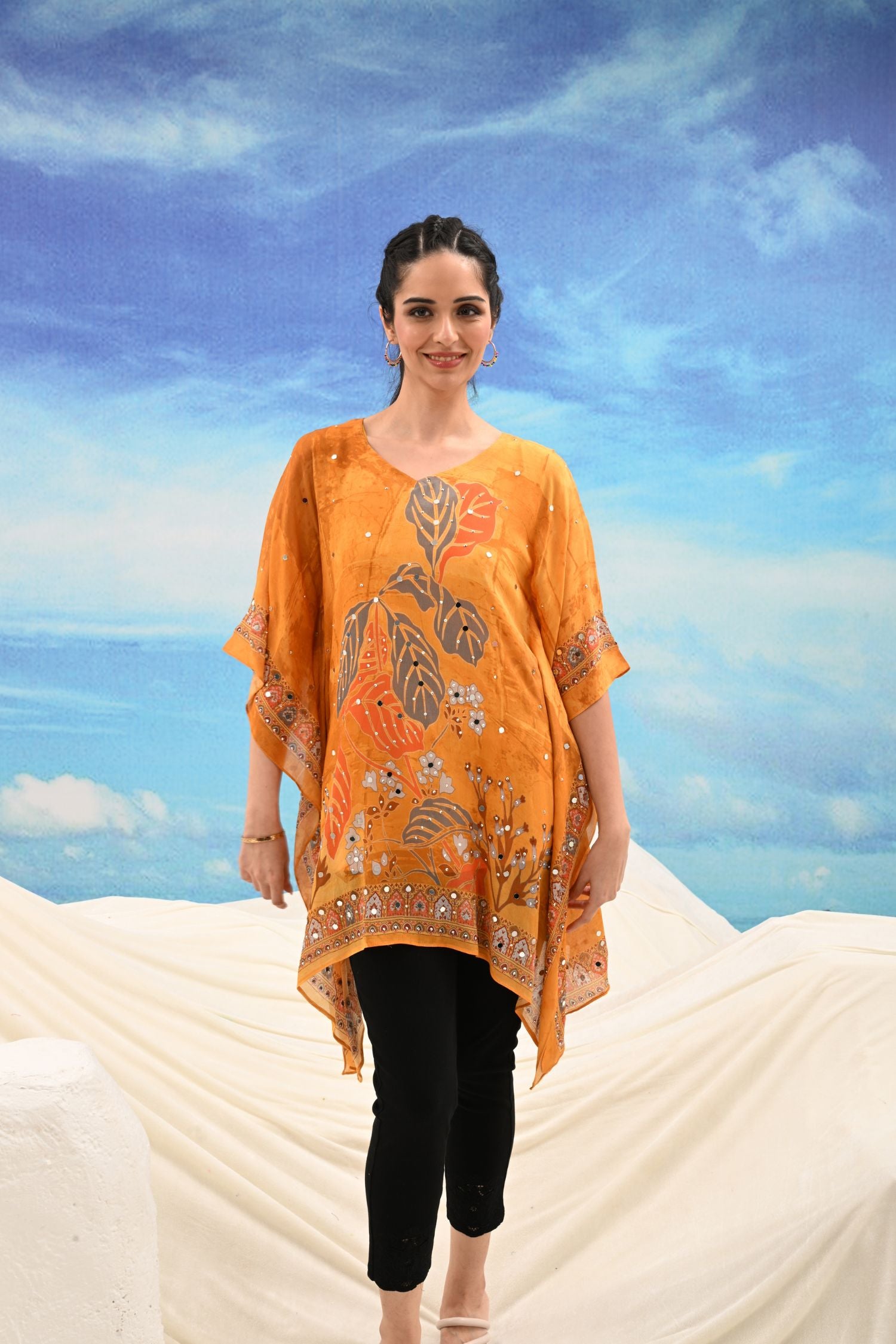 Mustard Mirror Work Embroidered Short Kaftan