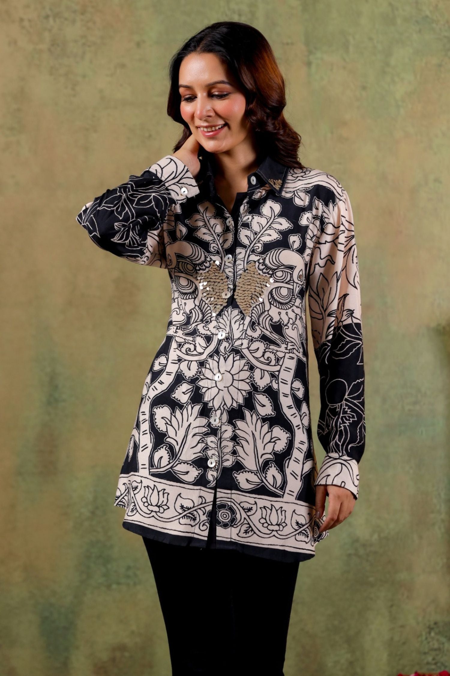 Premium Cream Sequin Embellished Printed Shirt