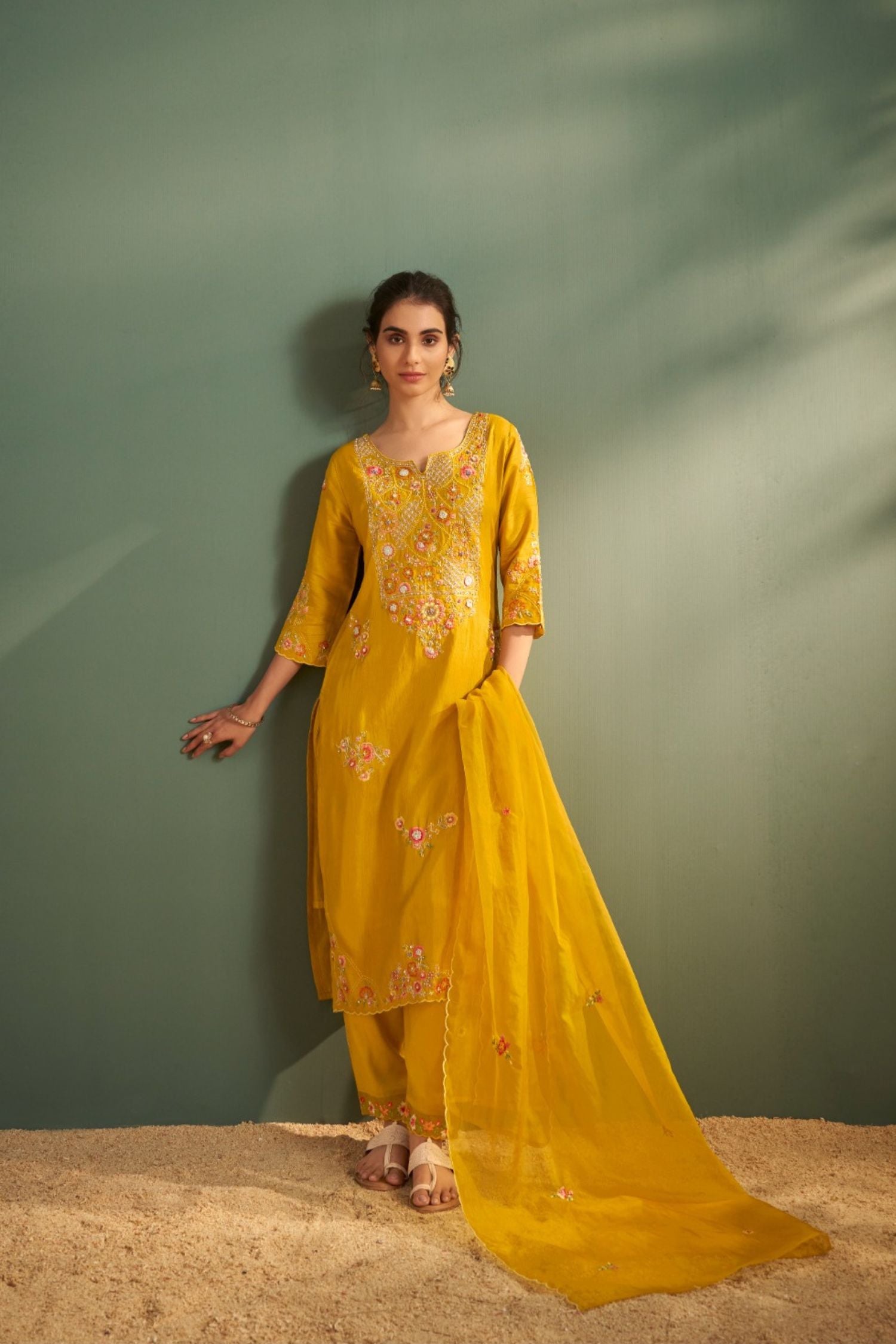 Mustard Straight Kurta Set with Detailed Neck Embroidery & Dupatta