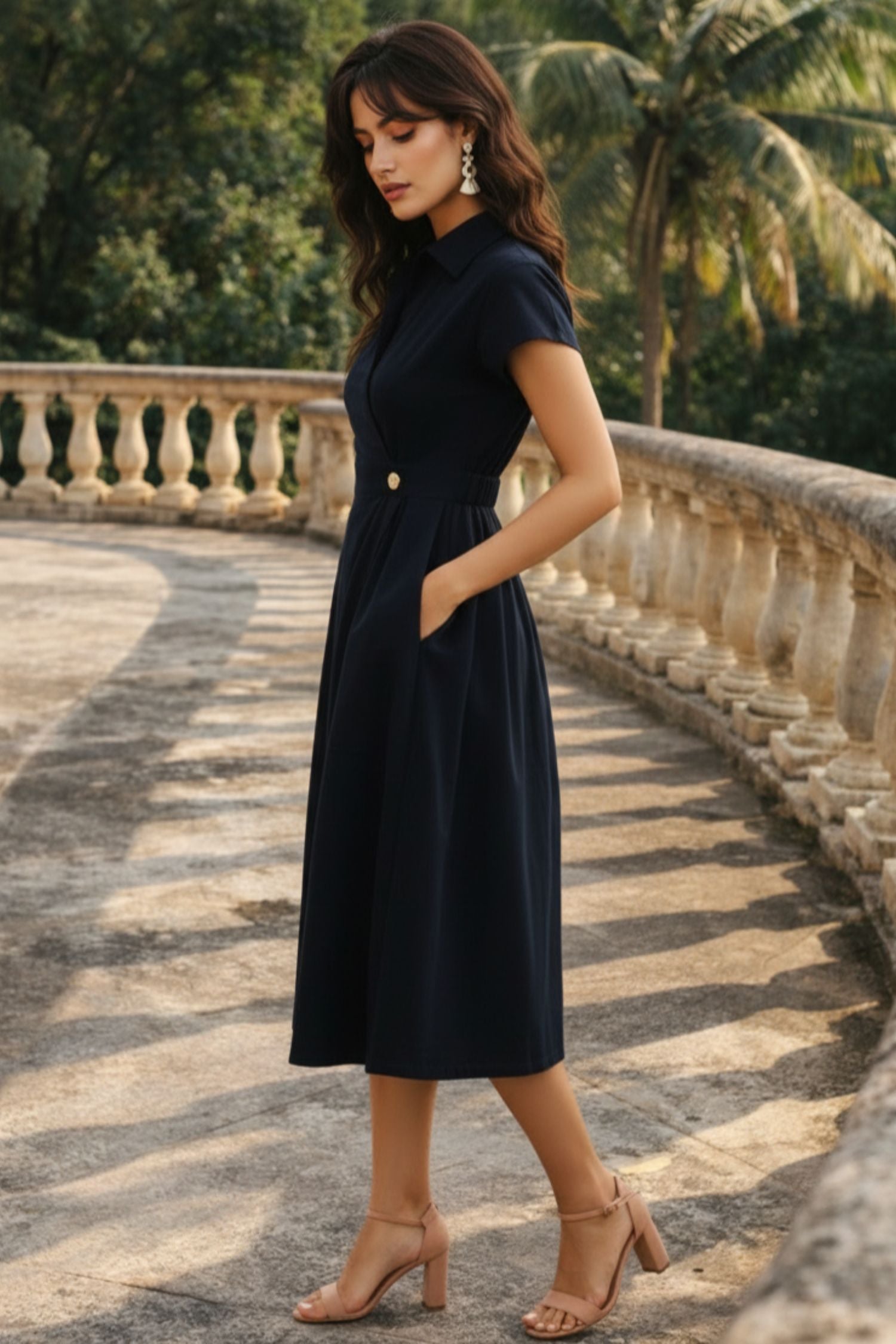 Black Long Dress with Cinched Waist