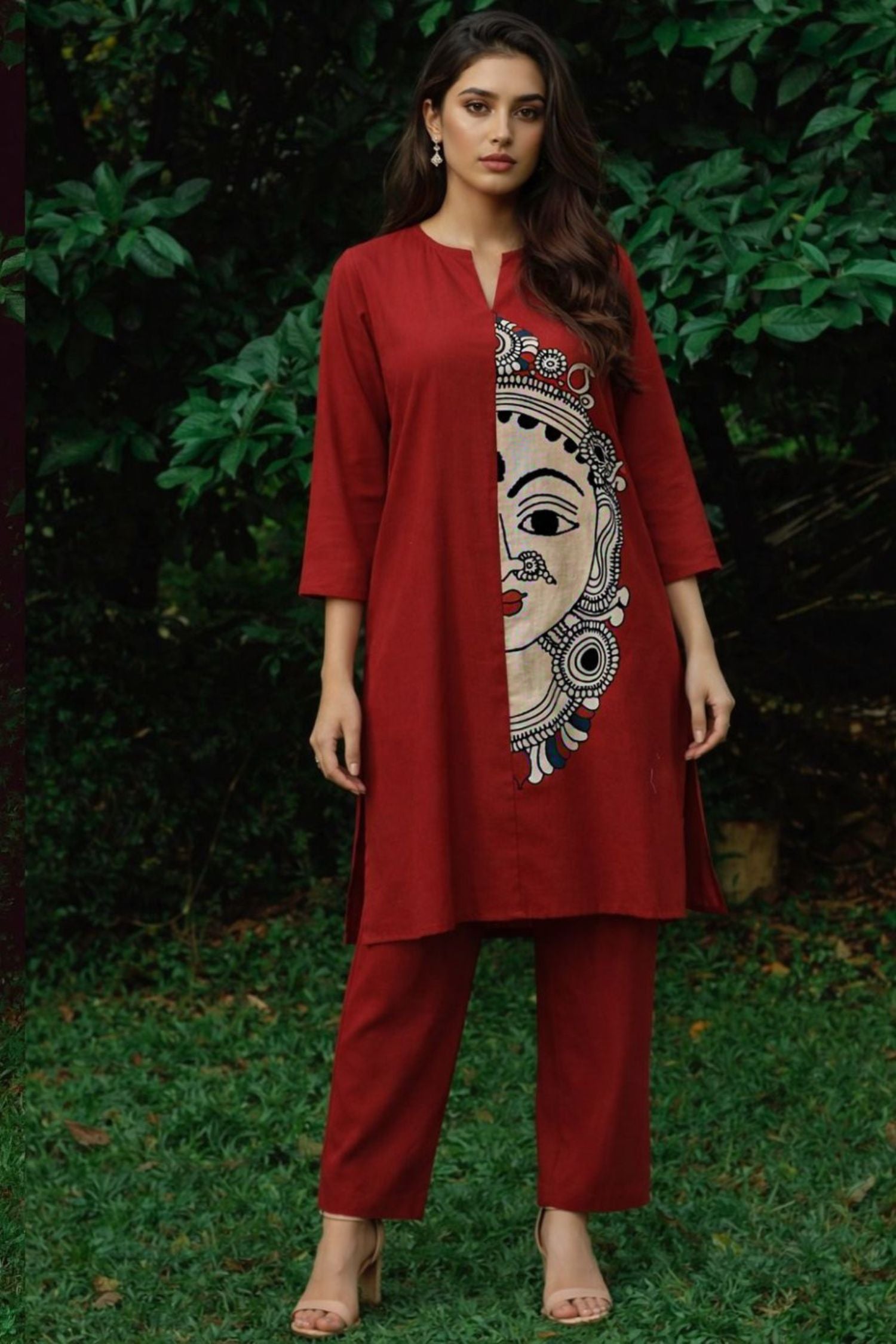 Maroon Printed Kurta Pant Co-Ord Set with Ethnic Face Motif