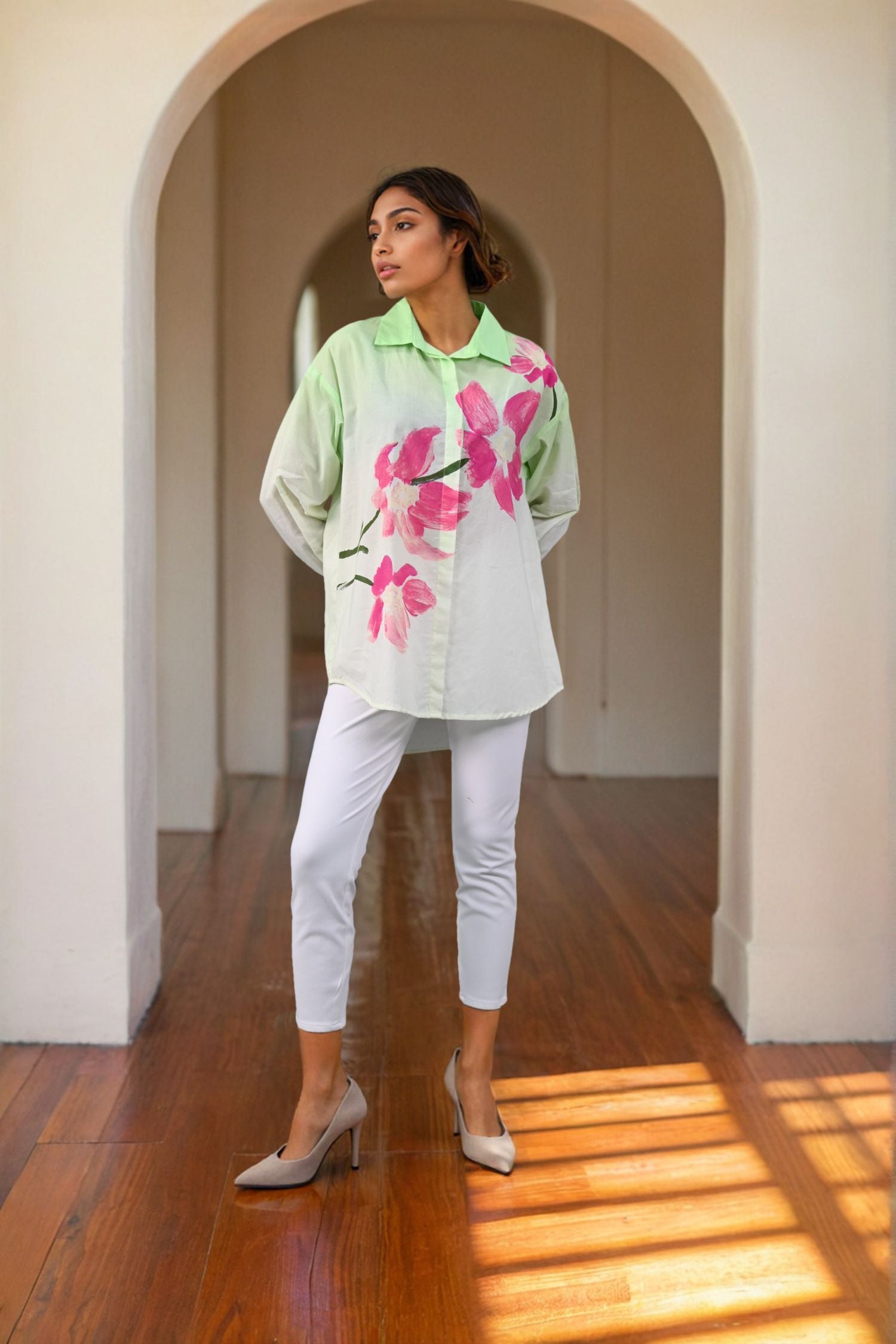 Green Shirt with Floral Design