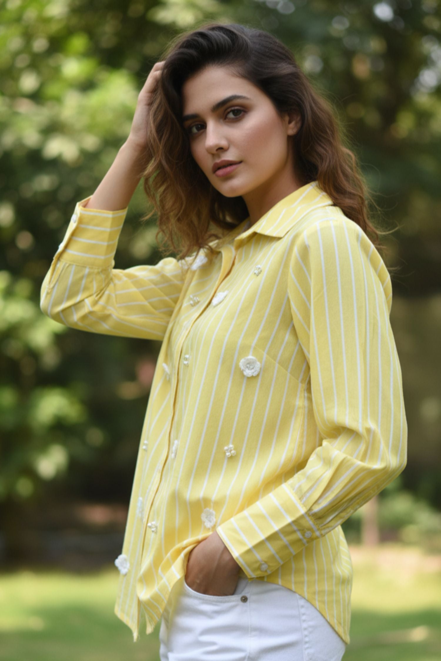 Yellow Shirt with Floral Petal Work