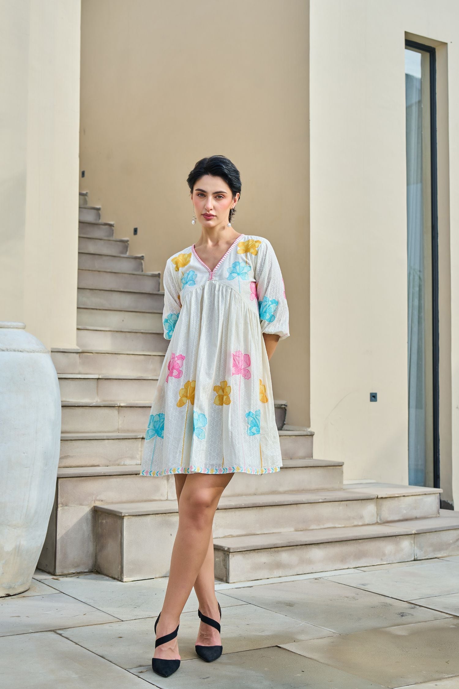 Elegant Tunic Featuring Vibrant Mix-Color Floral Embroidery