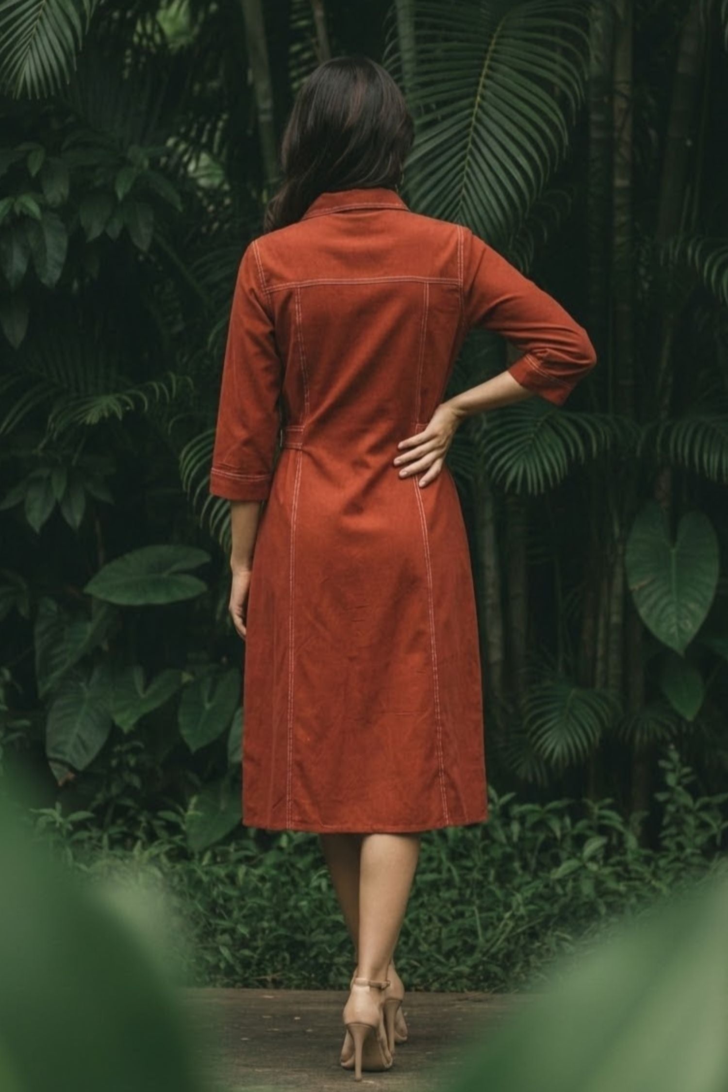 Rust Denim Long Dress with Moti Work on Pocket