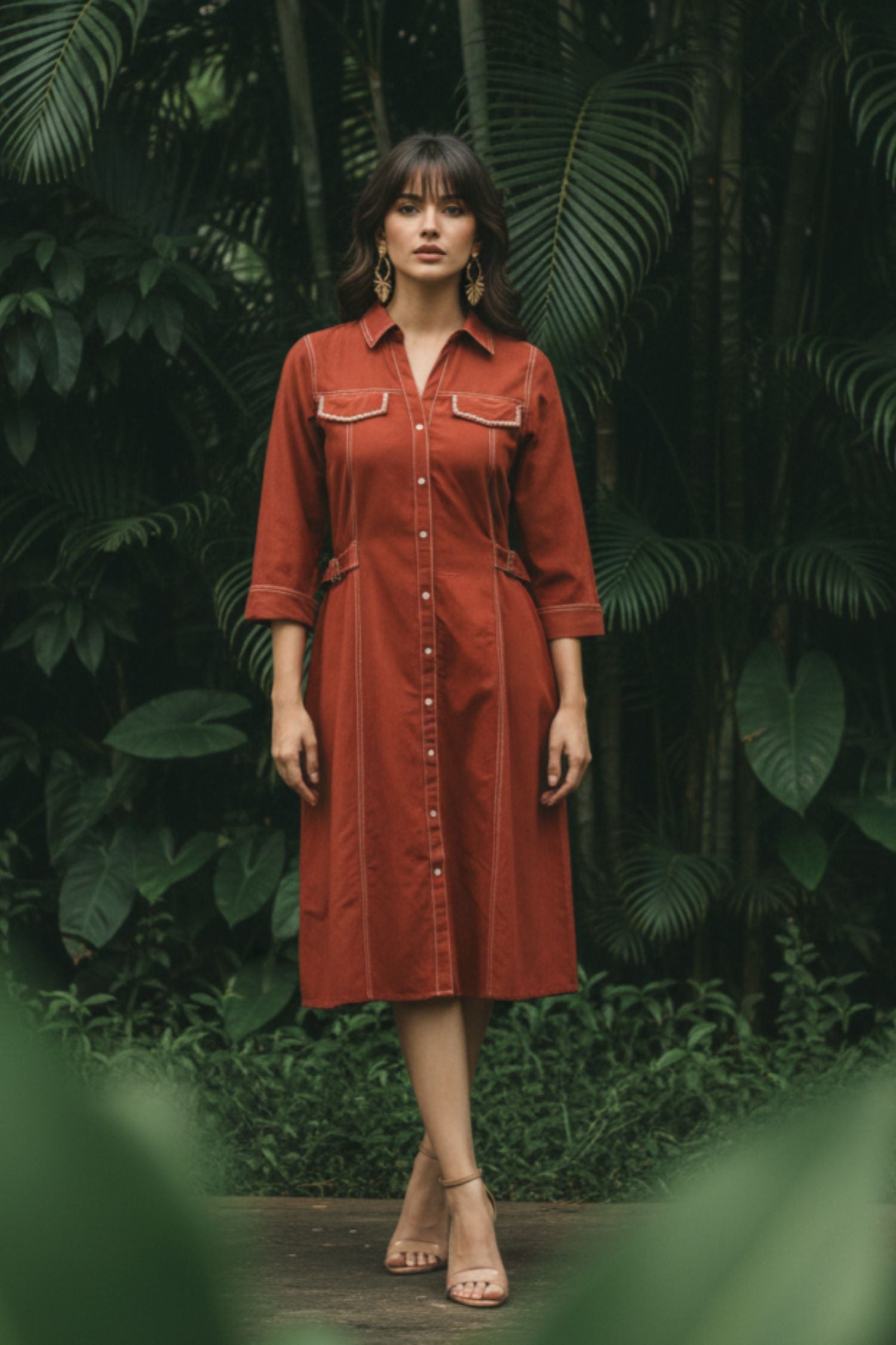 Rust Denim Long Dress with Moti Work on Pocket