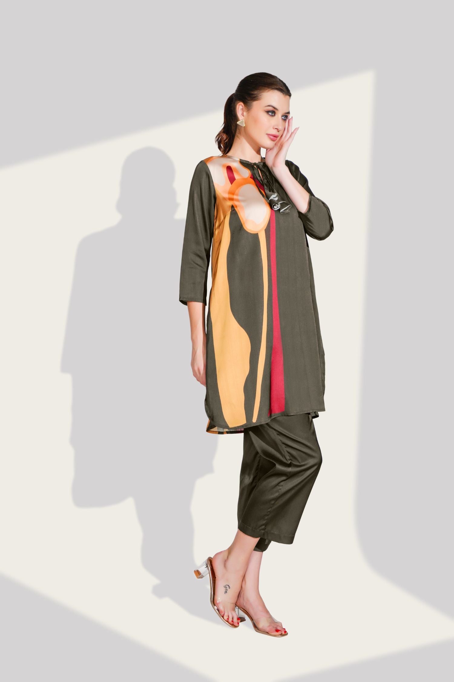 Olive Cord Set with Side Print & Short Bottom