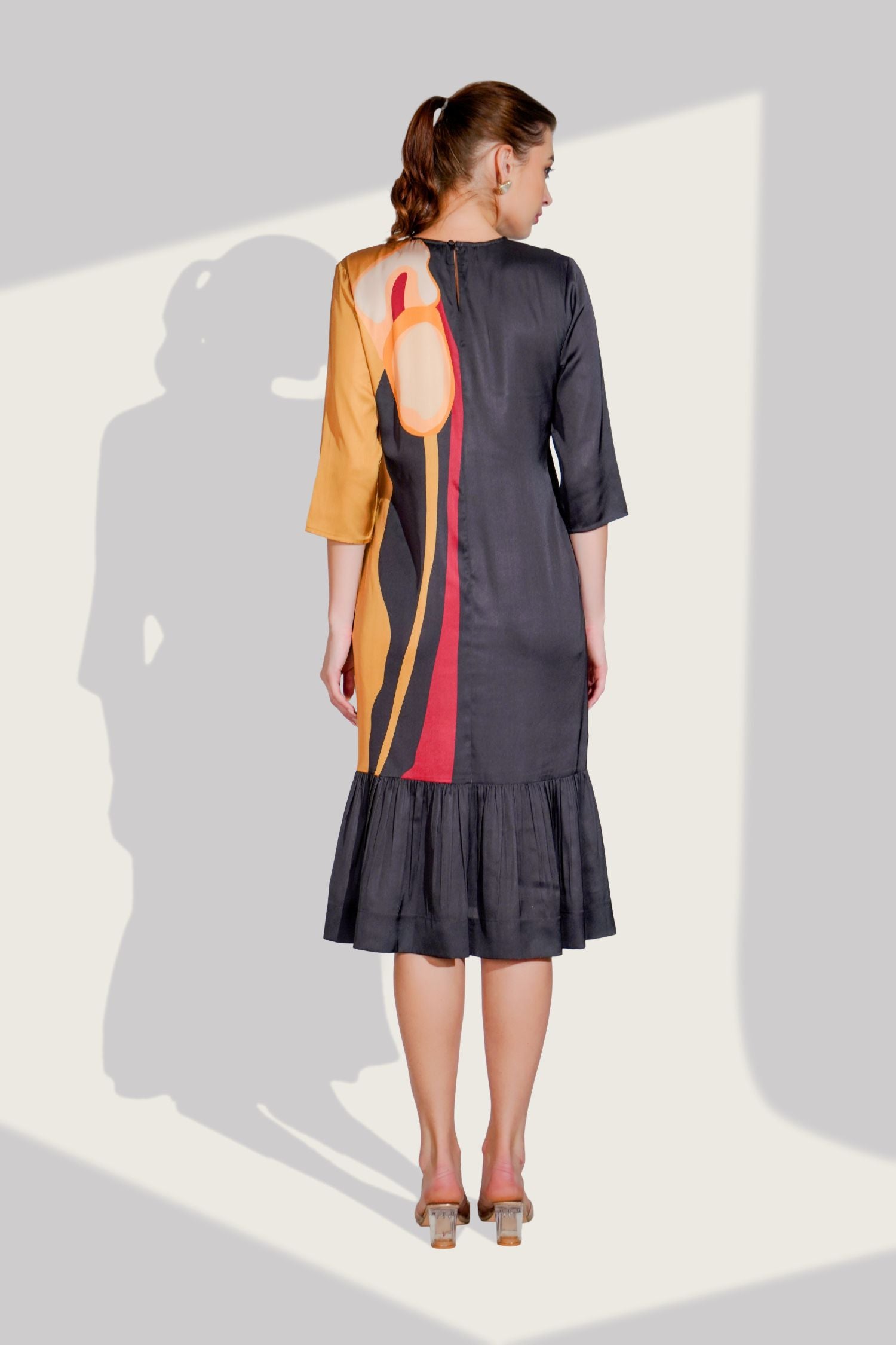 Black Long Dress with Side Print With Pockets