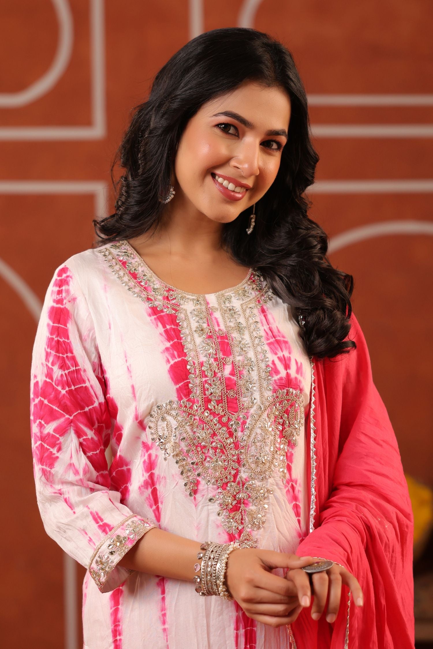 Freyaa Pink Tie-Dye Gotta Patti Embroidered Straight Kurta Trouser Dupatta Set