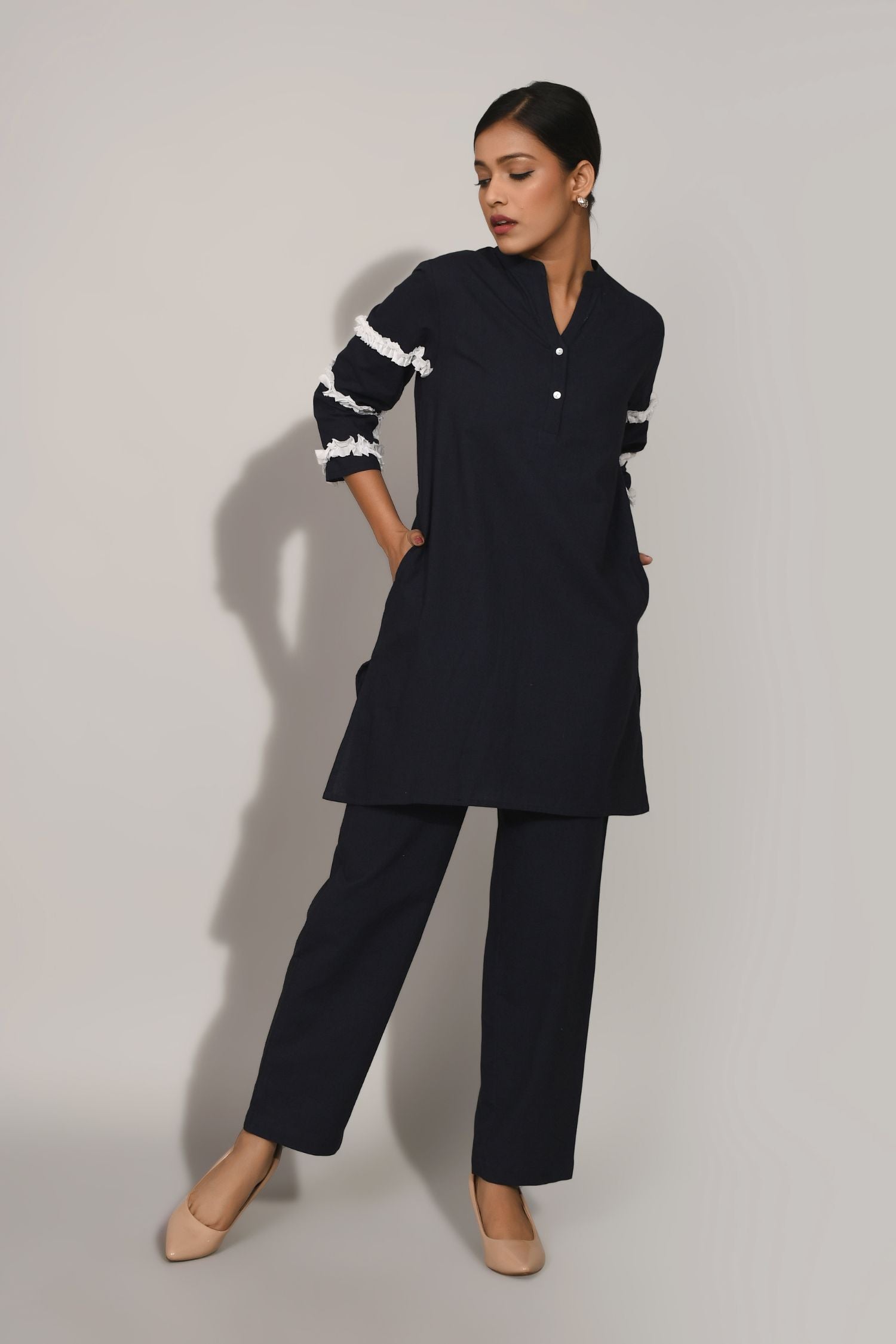 Navy Blue Cord Set with White Sleeve Touch