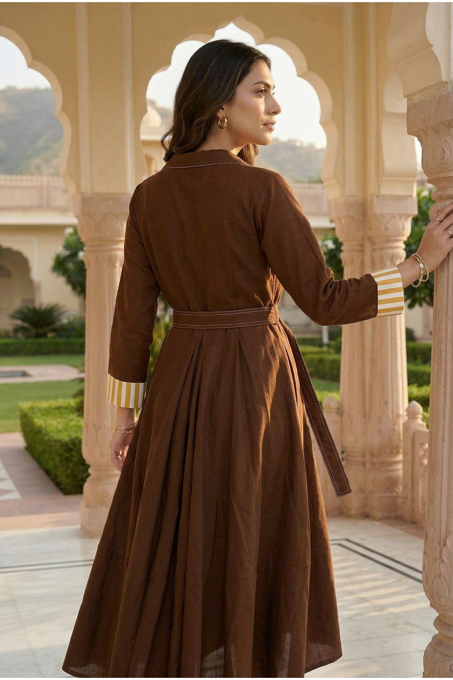 Brown Solid Long Dress with Belt