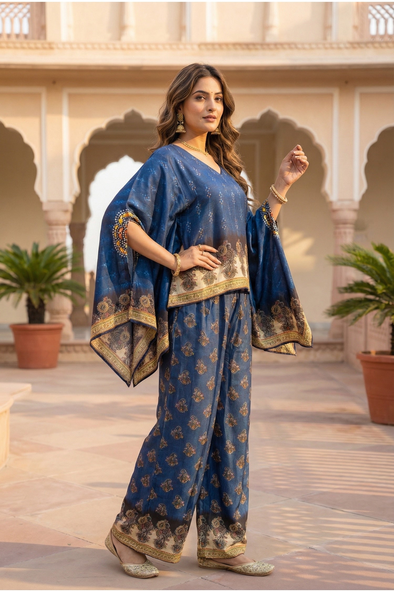 Navy Blue Ethnic Print Co-ord Set with Kaftan-Style