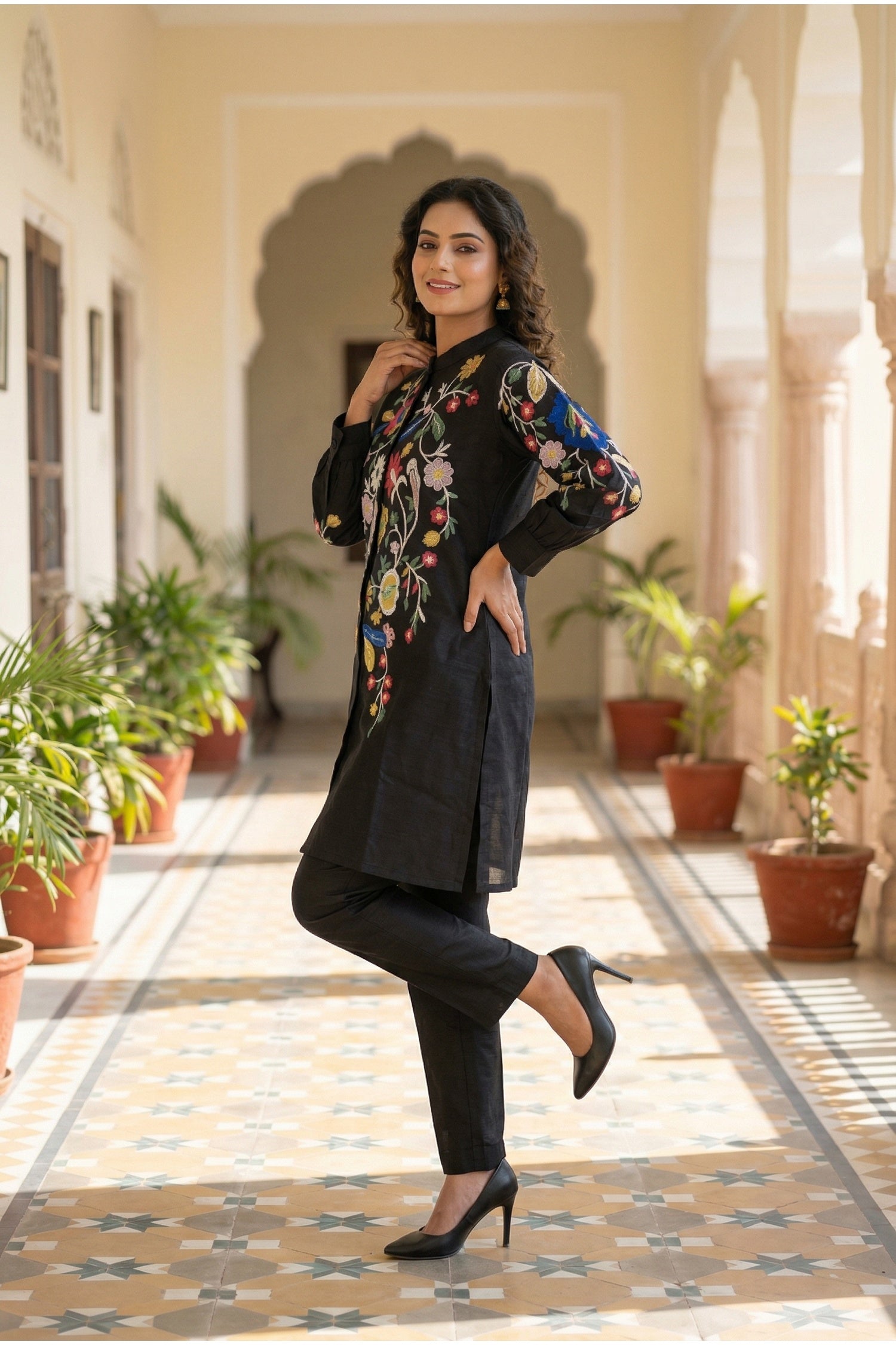 Black Co-ord Set with Multicolor Thread Embroidered Top