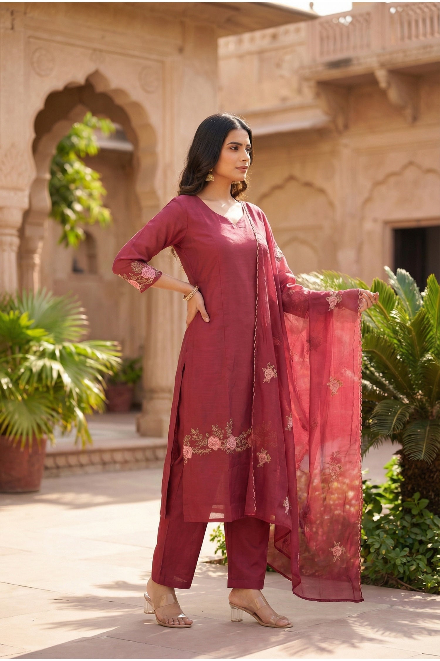 Wine Floral Embroidered Cotton Three-Piece Suit Set with Dupatta