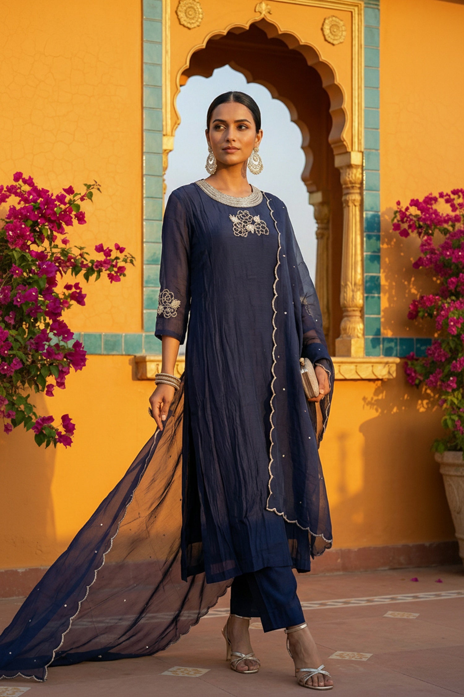 Blue Embroidered Three Piece Suit Set